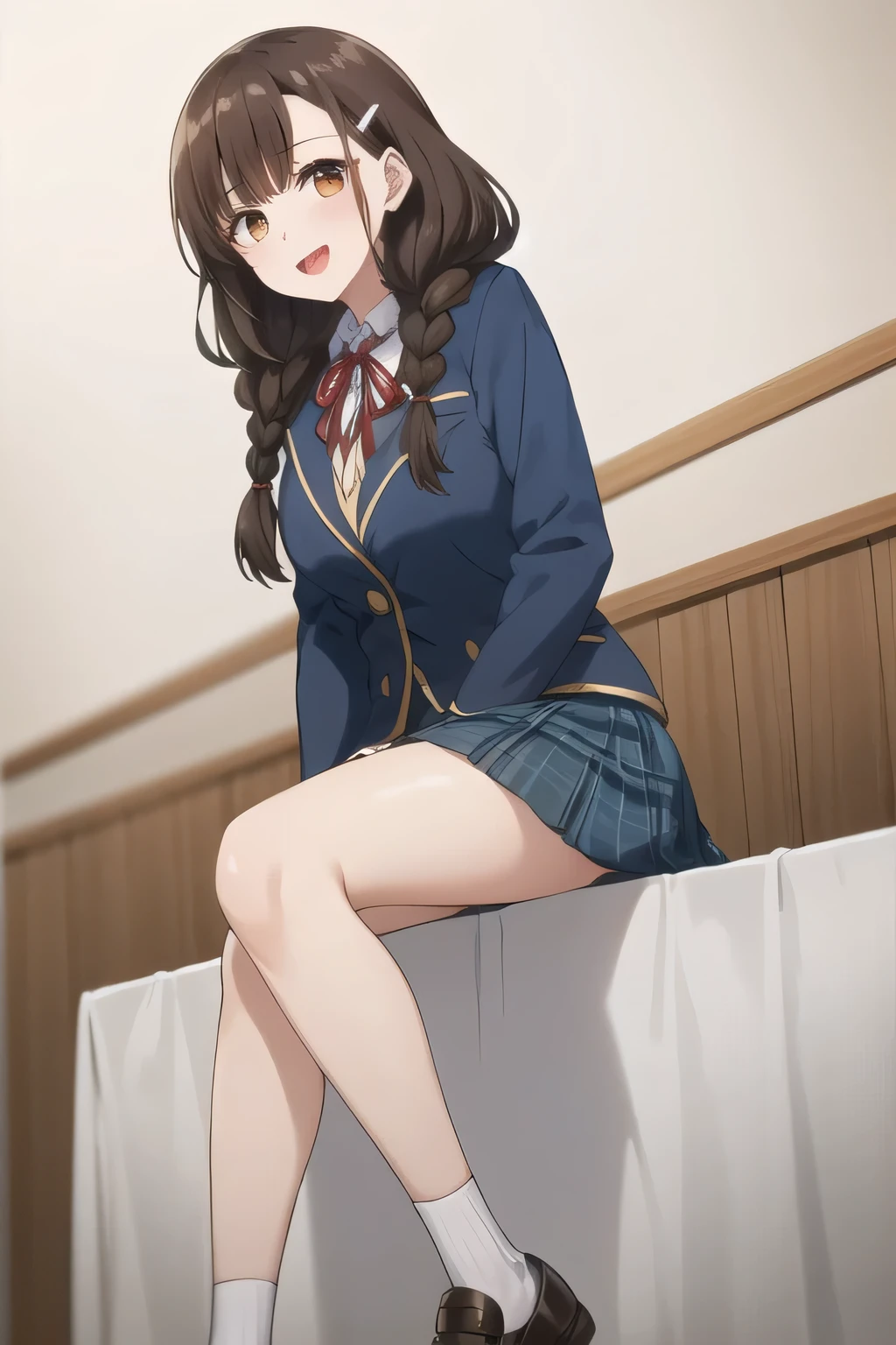 highest quality, (masterpiece:1.2), very detailed, pure white background, 1 girl, looking at the viewer, open your mouth, nice smile, brown eyes, Long brown hair, 15 years old, long braids, big hair clip, school uniform, dark blue plaid skirt, middle long skirt, white shirt, blue jacket, Golden emblem on left chest, big red ribbon on the chest, lipstick、very shiny hair、laughter、bright look、My eyes are shining、The light makes my face and hair shine, There&#39;s a lot of light in your eyes, The corners of the eyes are drooping, cute braids, leather shoes