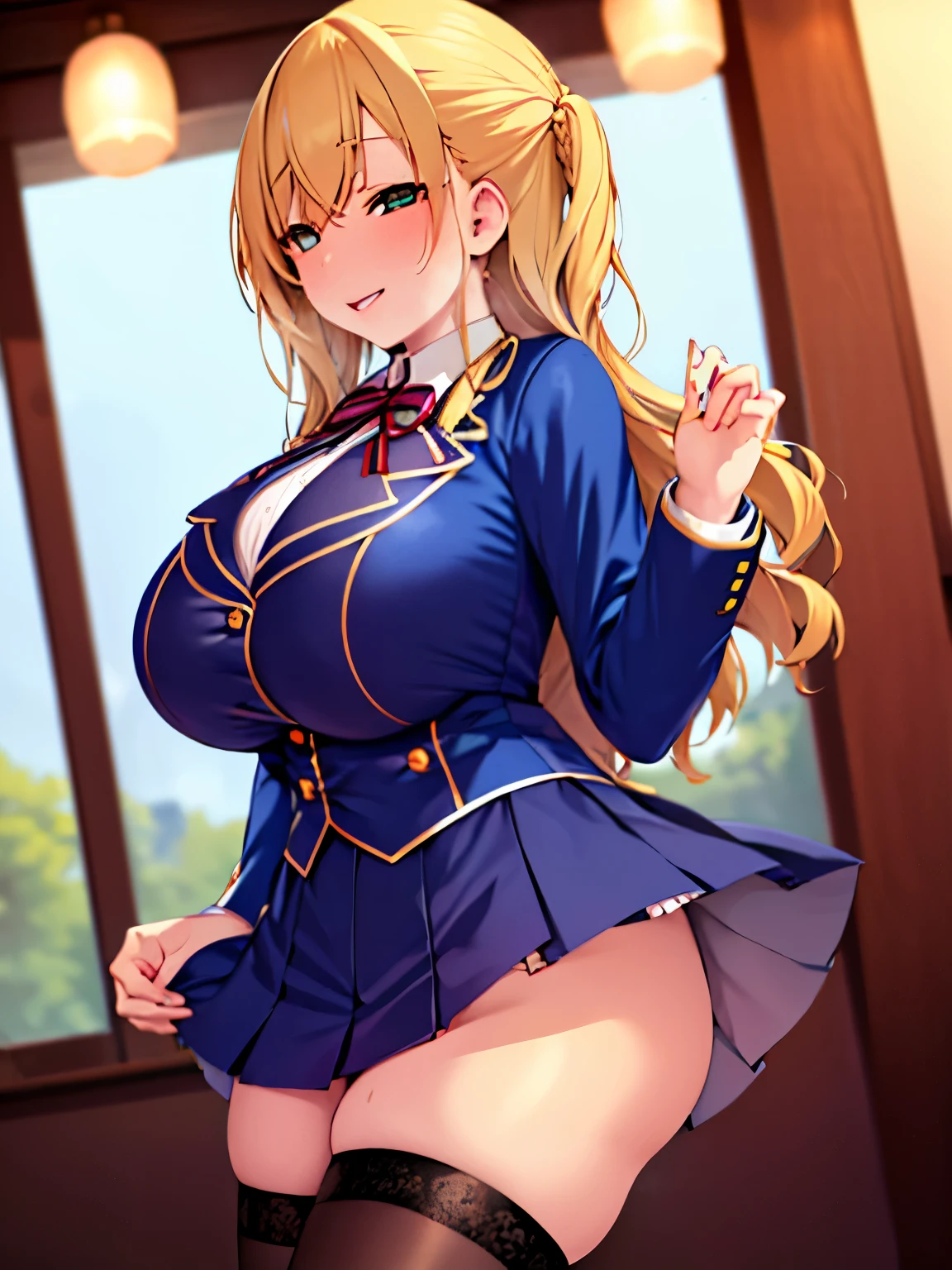 high quality，masterpiece。cute blonde woman，Her hairstyle is semi-long。She stands upright with her face and body facing the viewer，true identity。her hands are empty，Both hands are not posed。she looks tall。Her breasts are huge and very big，Good style。she is smiling with a cute face，Both eyes are the same color, blue。Clothes are school uniforms，blazer，skirt。stockings are black。she is standing，The place I&#39;m standing is the classroom。