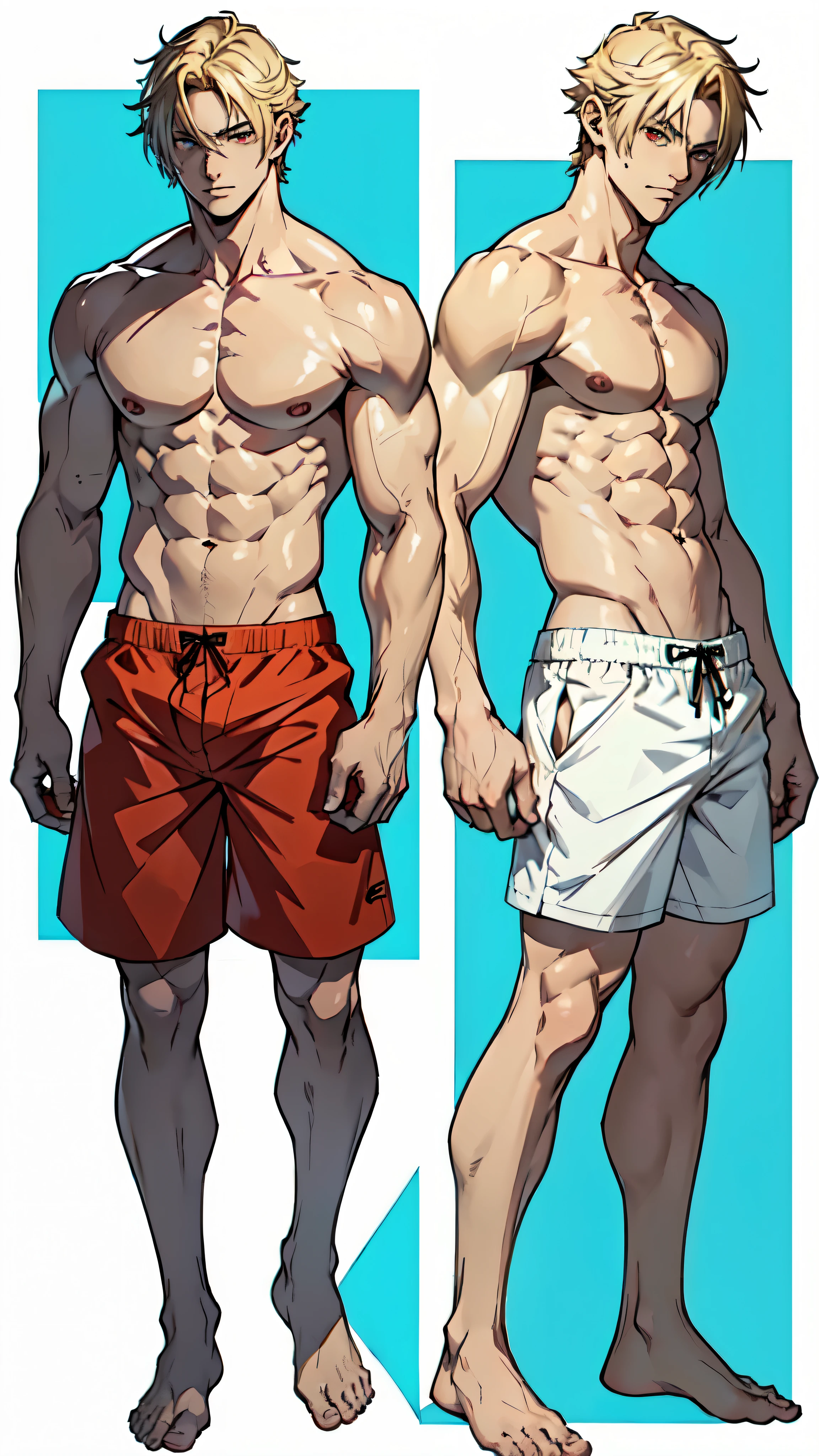 ((full body shot of an anime handsome shirtless young man in swimming trunks)), bare feet, shirtless, ((light blonde hair)), ((pale skin)), ((Leon Kennedy)), red eyes, anime character sheet, character concept, full body concept, single character full body, male protagonist 👀 :8, anime style character, anime character, ((empty white background))