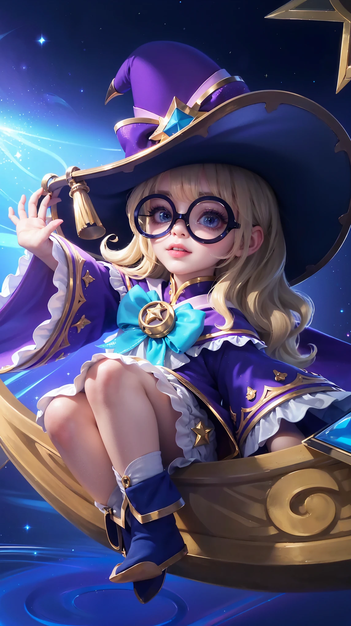 (8k, RAW photo, photorealistic:1.25) ,( lipgloss, eyelashes, gloss-face, glossy skin, best quality, ultra highres, depth of field, chromatic aberration, caustics, Broad lighting, natural shading, looking at viewer with a serene and goddess-like happiness, change from mobile legend game, brown hair, blue eyes, blue ribbon, kimono outfit, dynamic pose, outer space, relisem, smile,