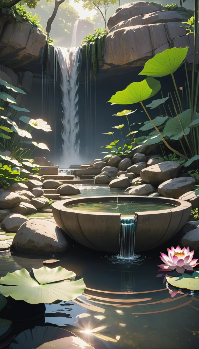 Utopia&#39;s modern architecture and Zen-like landscaping.Lotus blooming in the pond, The magnificent Feiquan Waterfall pours down，Crystal clear pond,rock.Landscaping soft sunlight shines through the dome, Create a comfortable atmosphere, Ray tracing, Vignetting, Wide-angle lens, super wide angle, best qualitycinematic lighting, depth of field, outside border, negative space, letterboxed zen aesthetic, Zen, Zen meditation, Soft Zen Simplicity,(best quality,4k,8k,high resolution,masterpiece:1.2),Super detailed,(actual,photoactual,photo-actual:1.37),anatomically correct...