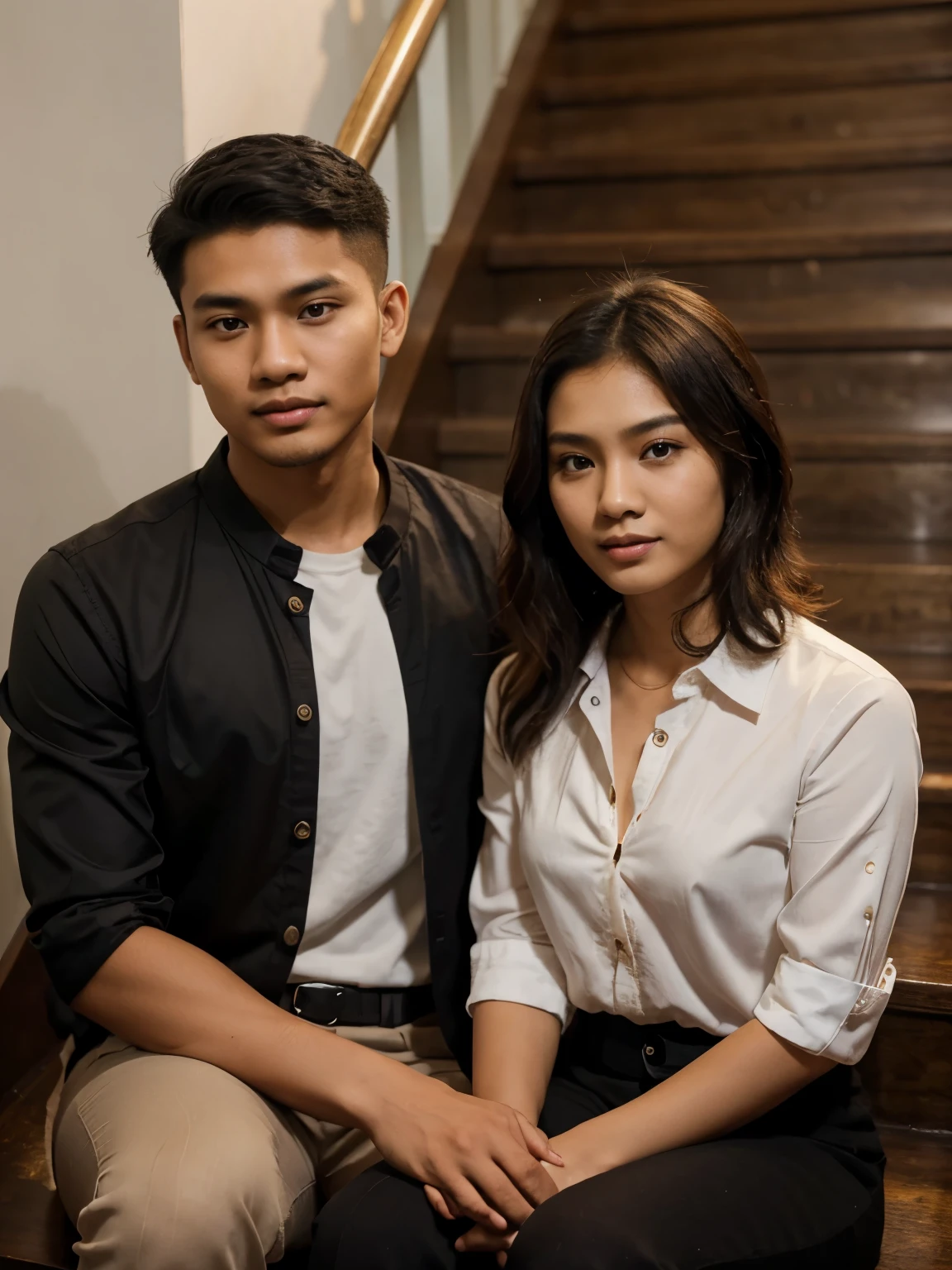 a handsome young Indonesian man with neat short hair. was sitting together on a staircase with a beautiful young Indonesian woman with long, wavy hair. a man dressed in a shirt and a woman dressed in a princess,