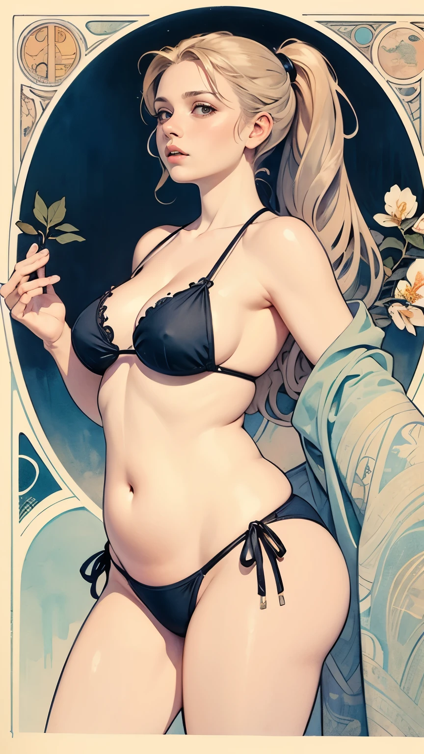 ((masterpiece)), (best quality), (ish),  Art Nouveau watercolor painting , moon goddess  , big eyes, long, thick eyelashes, plump lips, dark red eyes, hair long and thick,  high ponytail, chubby, plump breasts，bikini，flowery_background, Intricate designs and patterns in the style of Alphonse Mucha.