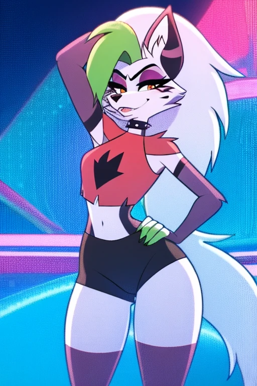 best quality, roxanne fusion with loona and queen bee, solo, furry female, body fur, makeup, sexy clothes, super detailed, high detail eyes, perfect proportion