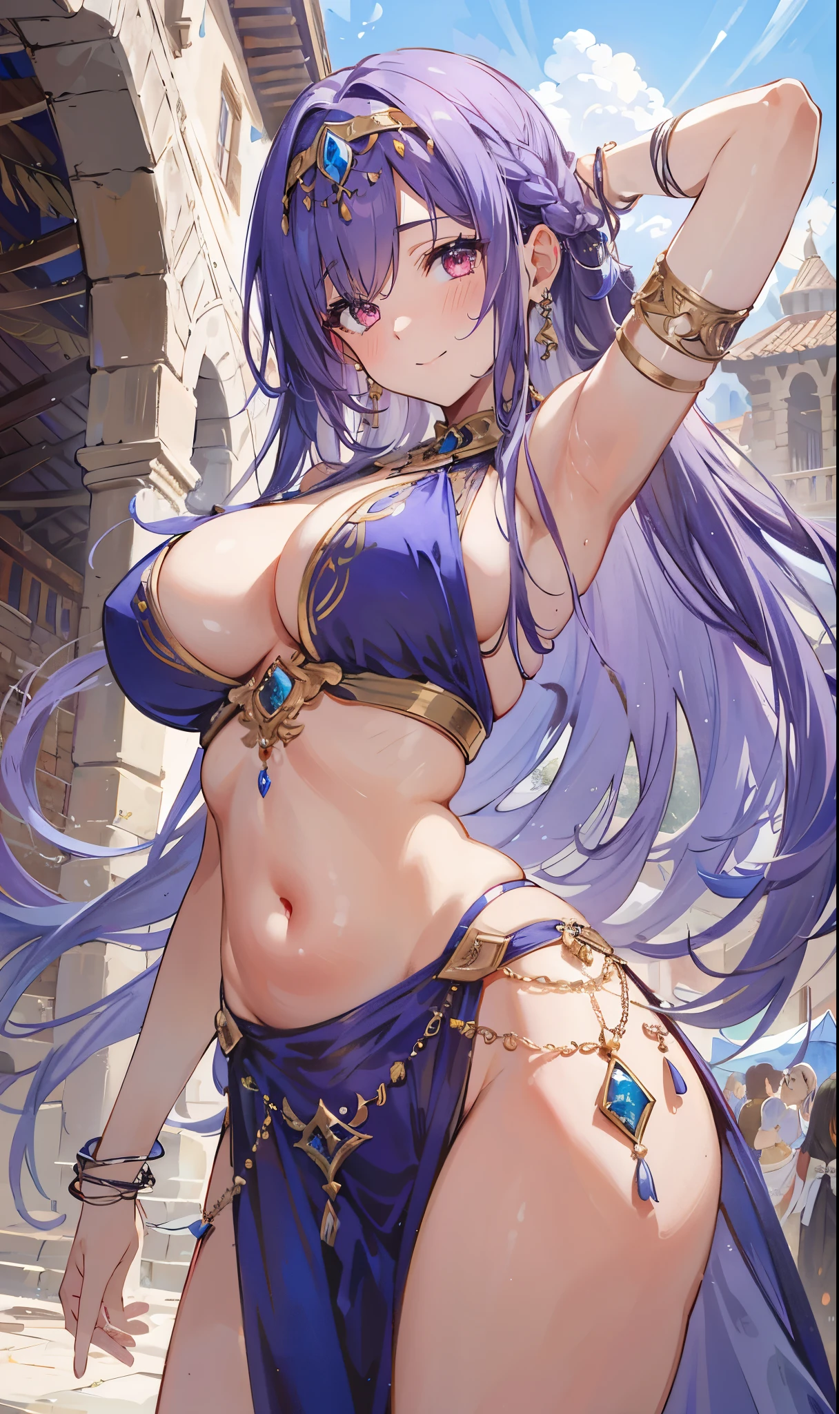 high quality, ultra detailed, best quality, insanely detailed, beautiful, masterpiece, 1girl, plaza, medieval Europe, cowboy shot, red eyes, long hair, light purple hair, (belly dancer, harem outfit, pelvic curtain:1.2), purple costume, bare legs, circlet, earrings, armlets, bracelets, bashful smile, dancing, large breasts, cleavage, soft stomach