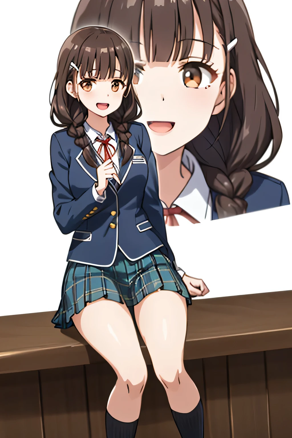 highest quality, (masterpiece:1.2), very detailed, pure white background, 1 girl, open your mouth, nice smile, brown eyes, Long brown hair, , long braids, big hair clip, school uniform, dark blue plaid skirt, middle long skirt, white shirt, blue jacket, Golden emblem on left chest, big red ribbon on the chest, lipstick、very shiny hair、laughter、bright look、The light makes my face and hair shine,  The corners of the eyes are drooping, cute braids, leather shoes, I&#39;m so happy I can jump up, expression of joy