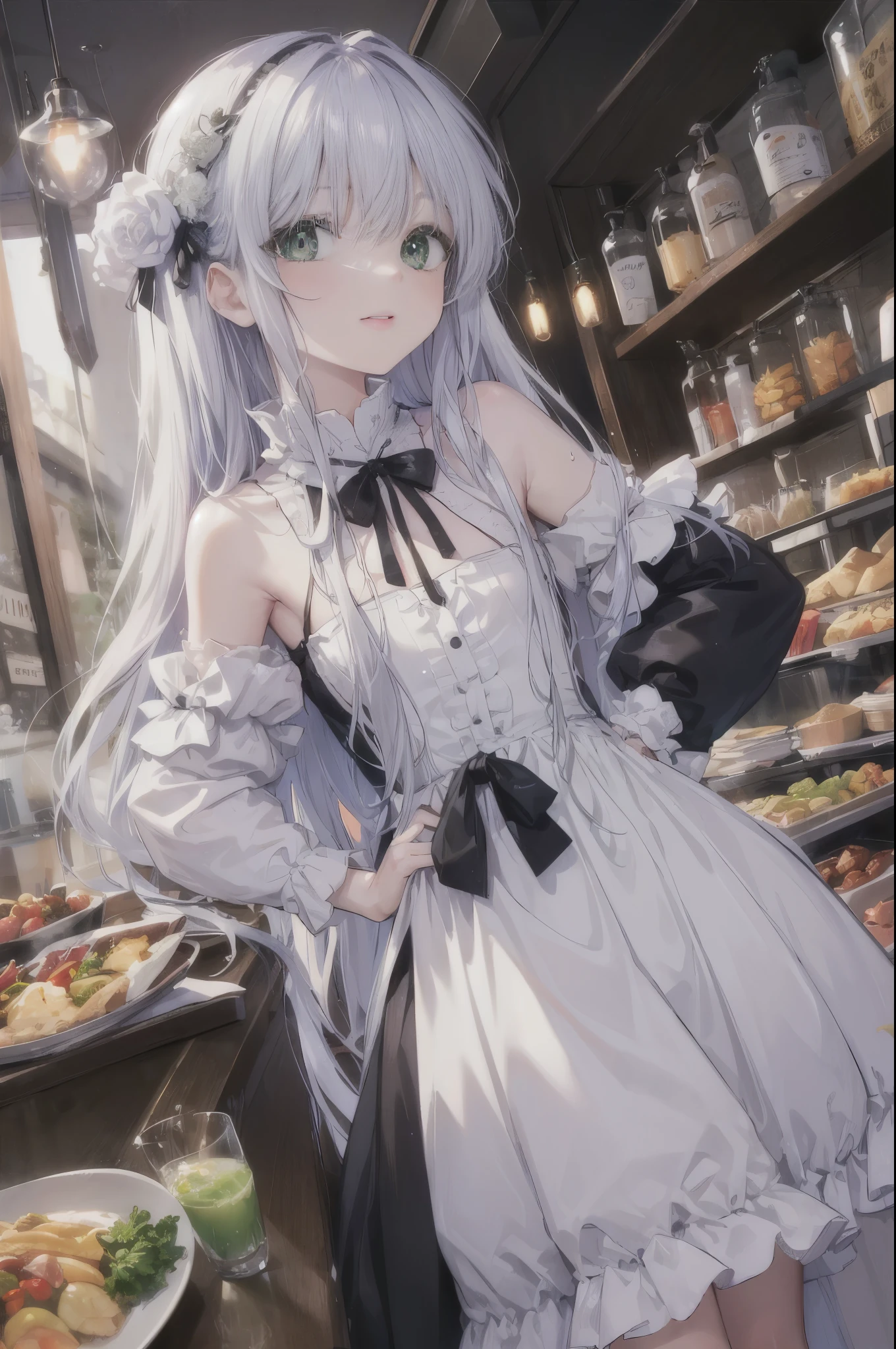 index, index, (green eyes:1.5), silver hair, long hair, (flat chest:1.2),smile,blush,bossy,she was wearing a maid long skirt, white stockings on her legs,put both hands on hips,Standing in honor,bare shoulders,looking up from below,There&#39;s a lot of food on the table, break looking at viewer, Upper body, whole body, break indoors, restaurant,viking, break (masterpiece:1.2), highest quality, High resolution, unity 8k wallpaper, (figure:0.8), (detailed and beautiful eyes:1.6), highly detailed face, perfect lighting, Very detailed CG, (perfect hands, perfect anatomy),