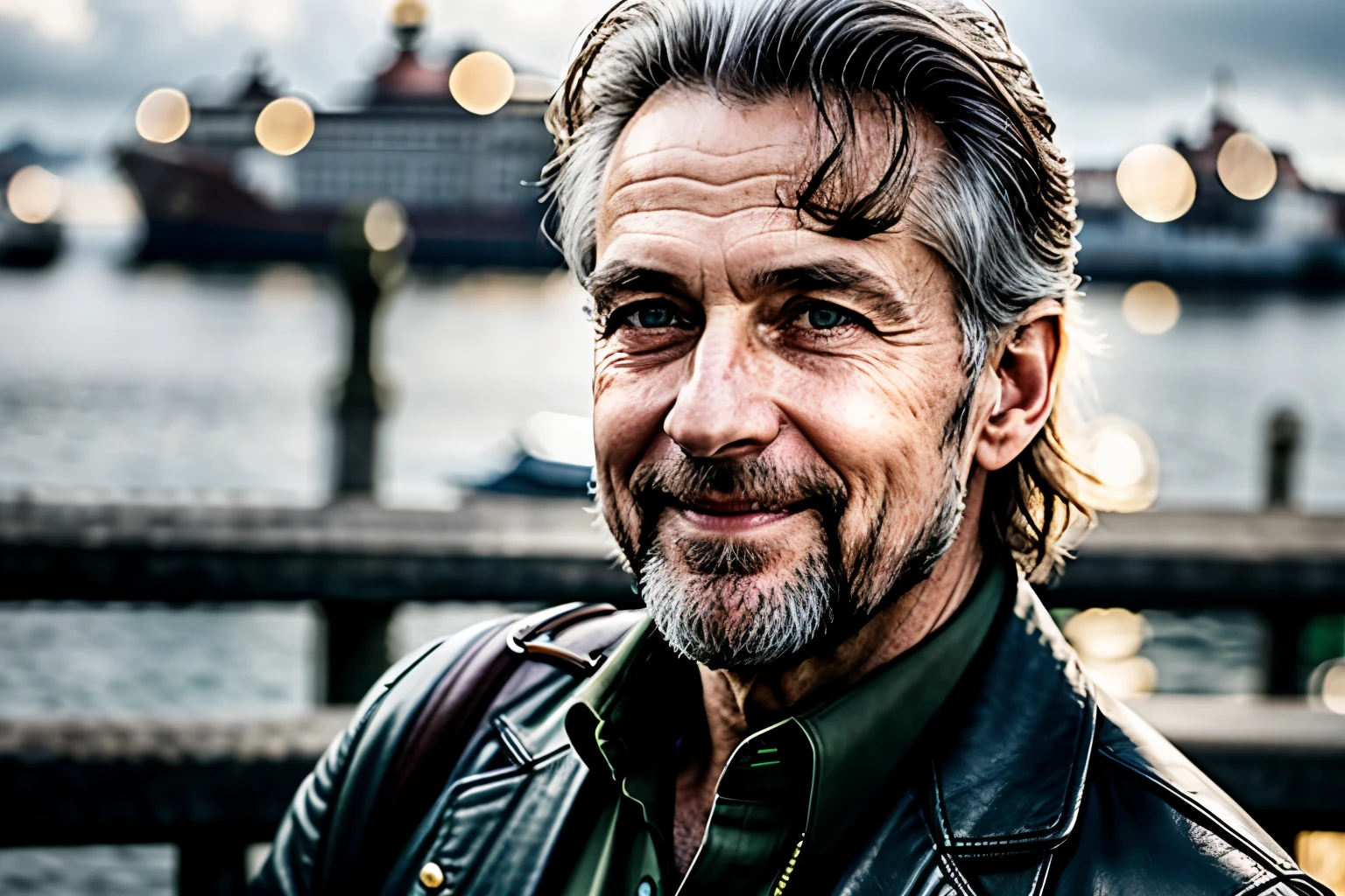 RAW photo, 8k UHD, high detailed skin, handsome german hippie, 72yo, bavarian man, green eyes, rule of thirds, masterpiece, photography, ultra realism, realistic, outdoors, golden hour, portrait, smiling, grey short hair, rocker style, DoF, (Hamburg:1.1), harbor, sky, clouds, soft lighting, ( highly detailed skin:0.7),(film grain:1.3), 8k uhd, dslr, soft lighting, high quality, HDRI, Fujifilm XT3