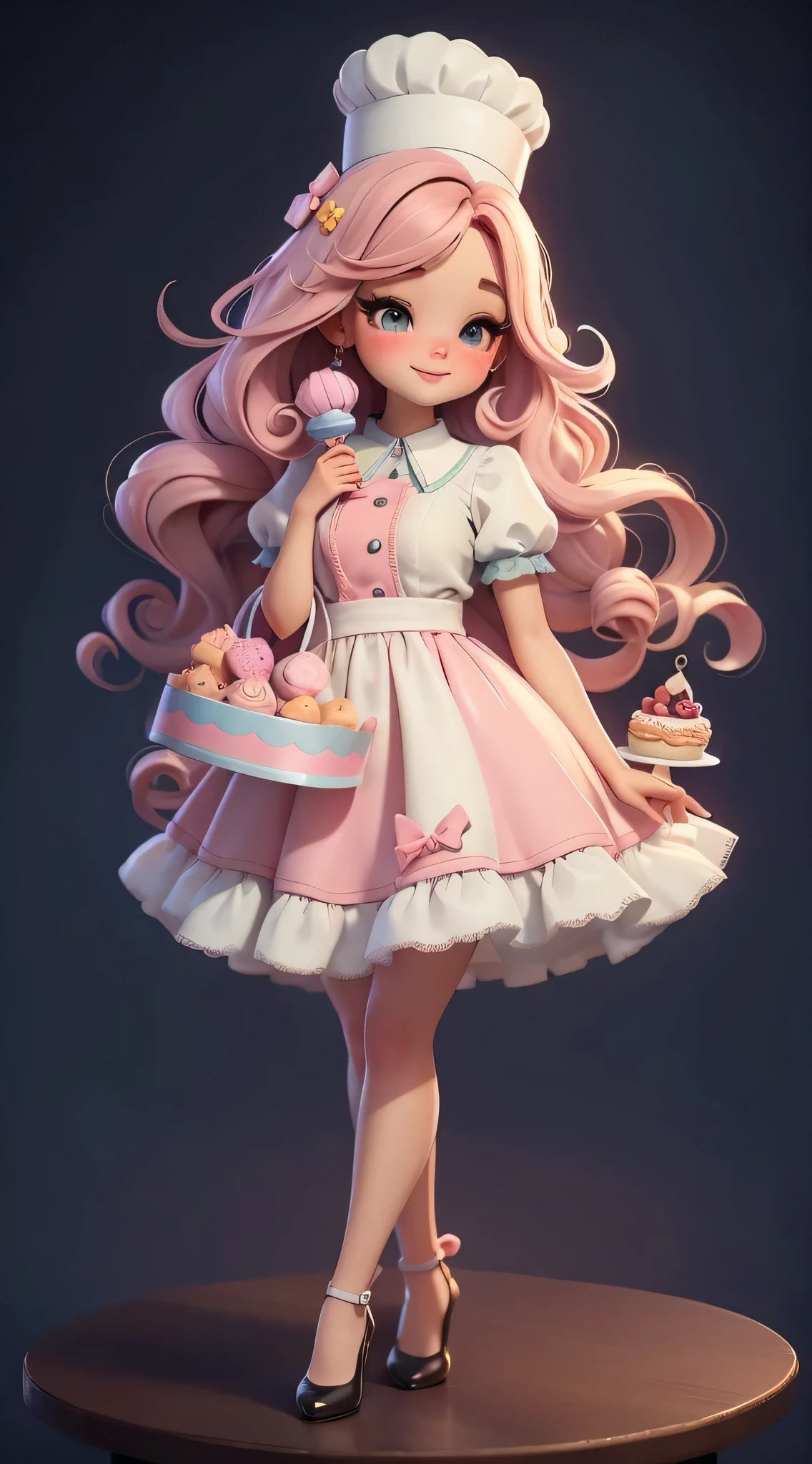 Cute pastry chef theme，Create a series of chibi style dolls, Each with tons of detail and 8K resolution. All dolls should follow the same solid color background pattern and be complete within the image, exhibit (whole body, including legs: 1.5)

sweet doll: bella&#39;call her. She must have long curly hair in pastel colors。, Tie into two braids. your eyes should be big and bright, long eyelashes and rosy cheeks. bella must wear a candy store dress, Cupcake print aprons and maxi skirts. She must wear a chef hat，Pastry bag in hand, And in another room，she is holding a plate，Decorated with cupcakes inside. Don't forget the details of cupcakes, Comes with colorful toppings and charming decoration, Beautiful shoes must be covered with light, Hair texture and details, clothing, Candy paraphernalia and candy for each doll, Make them more cute and charming.