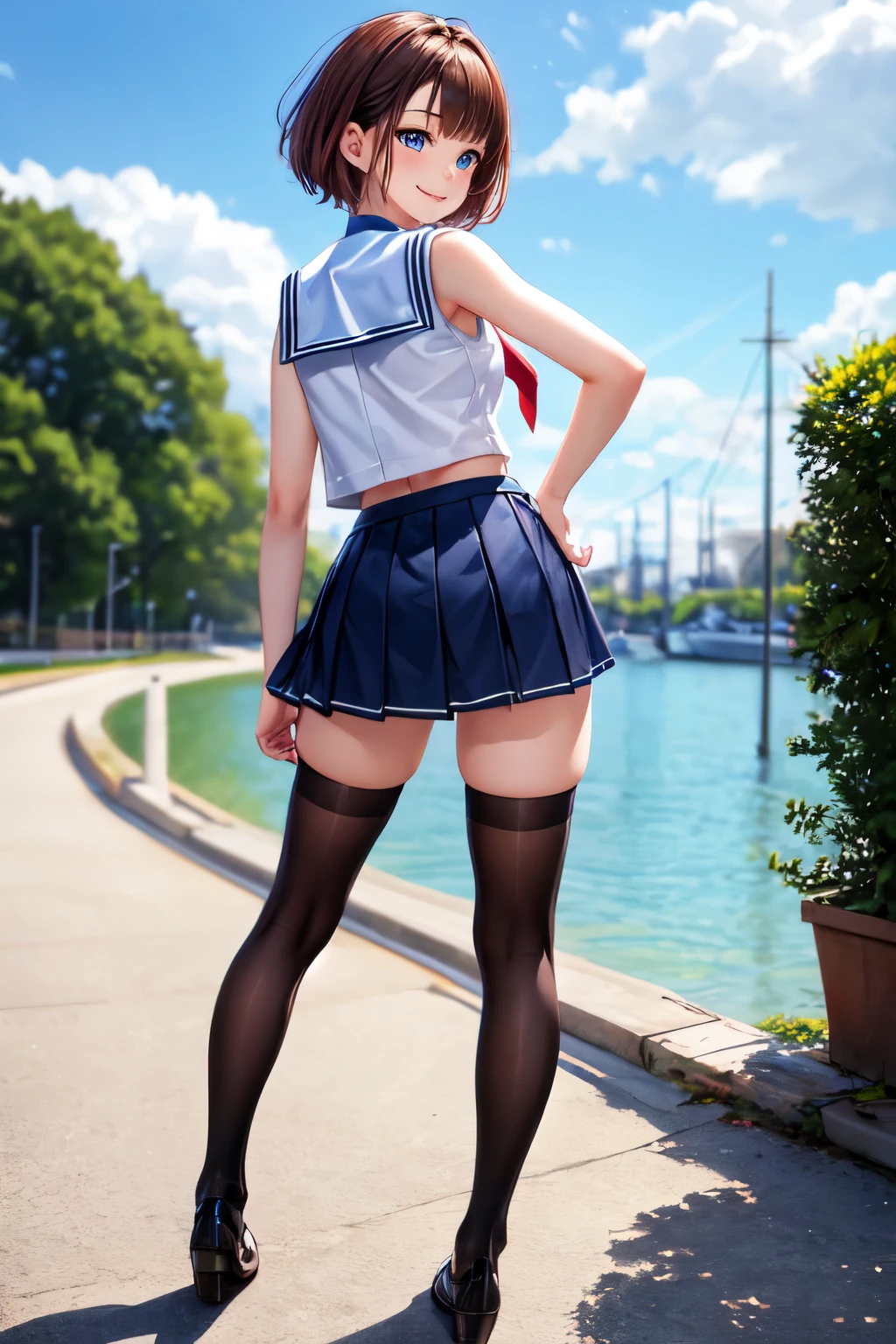 1 girl, sailor suit, bare shoulders, red tie, short hair ,dark brown hair, blue eyes, thighs, Fleet Collection, mini skirt, Thighhighs, leather shoes、 backwards、 Turn around、 smile 、hands clasped behind the back information