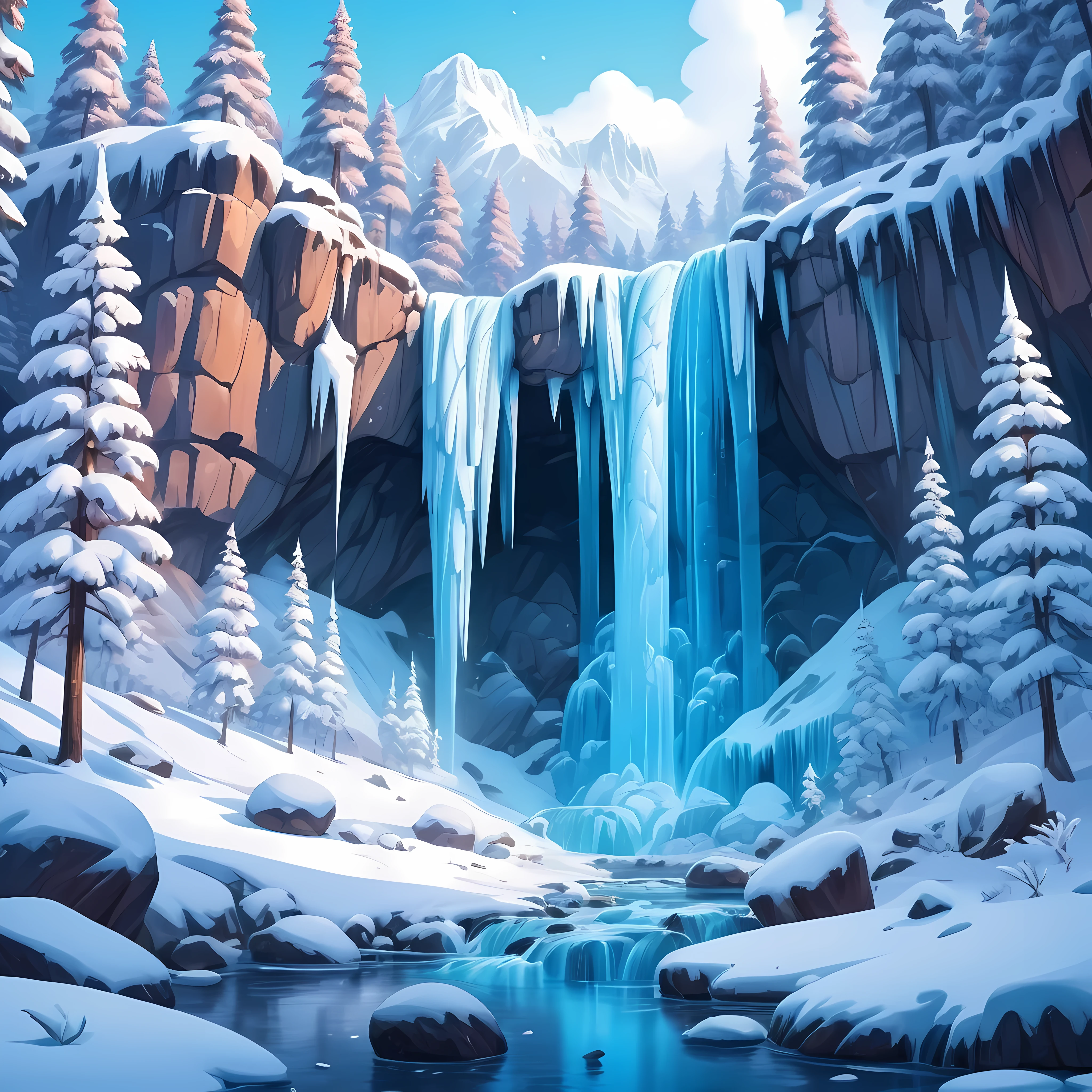 Cute cartoon style, design a captivating  serene winter landscape with a frozen waterfall with icicles as the central focus, a snow-covered forest with pine trees, snow-covered rocks, cool color palette, soft lighting, masterpiece in maximum 16K resolution, superb quality. | ((More_Detail))