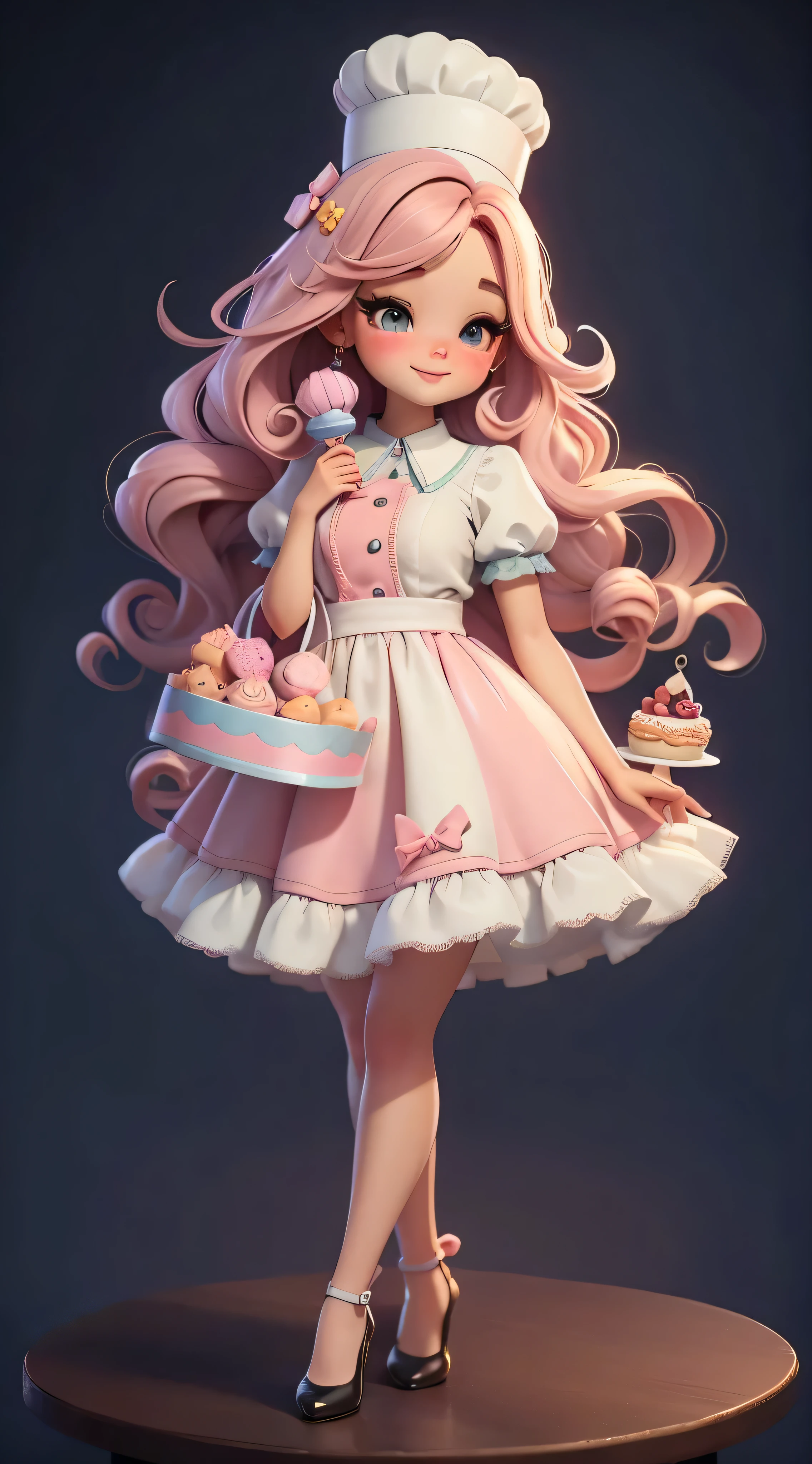 Cute pastry chef theme，Create a series of chibi style dolls, Each with tons of detail and 8K resolution. All dolls should follow the same solid color background pattern and be complete within the image, exhibit (whole body, including legs: 1.5)

sweet doll: bella&#39;call her. She must have long curly hair in pastel colors。, Tie into two braids. your eyes should be big and bright, long eyelashes and rosy cheeks. bella must wear a candy store dress, Cupcake print aprons and maxi skirts. She must wear a chef hat，Pastry bag in hand, And in another room，she is holding a plate，Decorated with cupcakes inside. Don't forget the details of cupcakes, Comes with colorful toppings and charming decoration, Beautiful shoes must be shiny, Hair texture and details, clothing, Candy paraphernalia and candy for each doll, Make them more cute and charming.