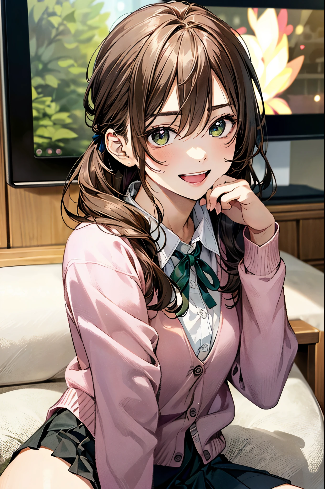 (masterpiece:1.3, top-quality:1.3, ultra high res, ultra detailed), (realistic, photorealistic:1.4), beautiful illustration, (natural side lighting, movie lighting),
looking at viewer, (face focus, upper body), 1 girl, japanese, high school dirl, perfect face, (perfect anatomy), cute and symmetrical face, baby face, shiny skin, slender
(middle hair:1.5, straight hair, (topknot), loose hair, orange brown hair), hair between eyes, dark green eyes, drooping eyes, big eyes, long eye lasher, (medium breasts),
beautiful hair, beautiful face, beautiful detailed eyes, beautiful clavicle, beautiful body, beautiful chest, beautiful thigh, beautiful legs,
((detailed cloth texture, long sleeve light pink cardigan, white collared shirt, grey pleated mini skirt, dark pink neck ribbon), ), ,
(beautiful scenery), evening, (karaoke room, karaoke machine), sitting sofa, claw pose, (smirk, open mouth),