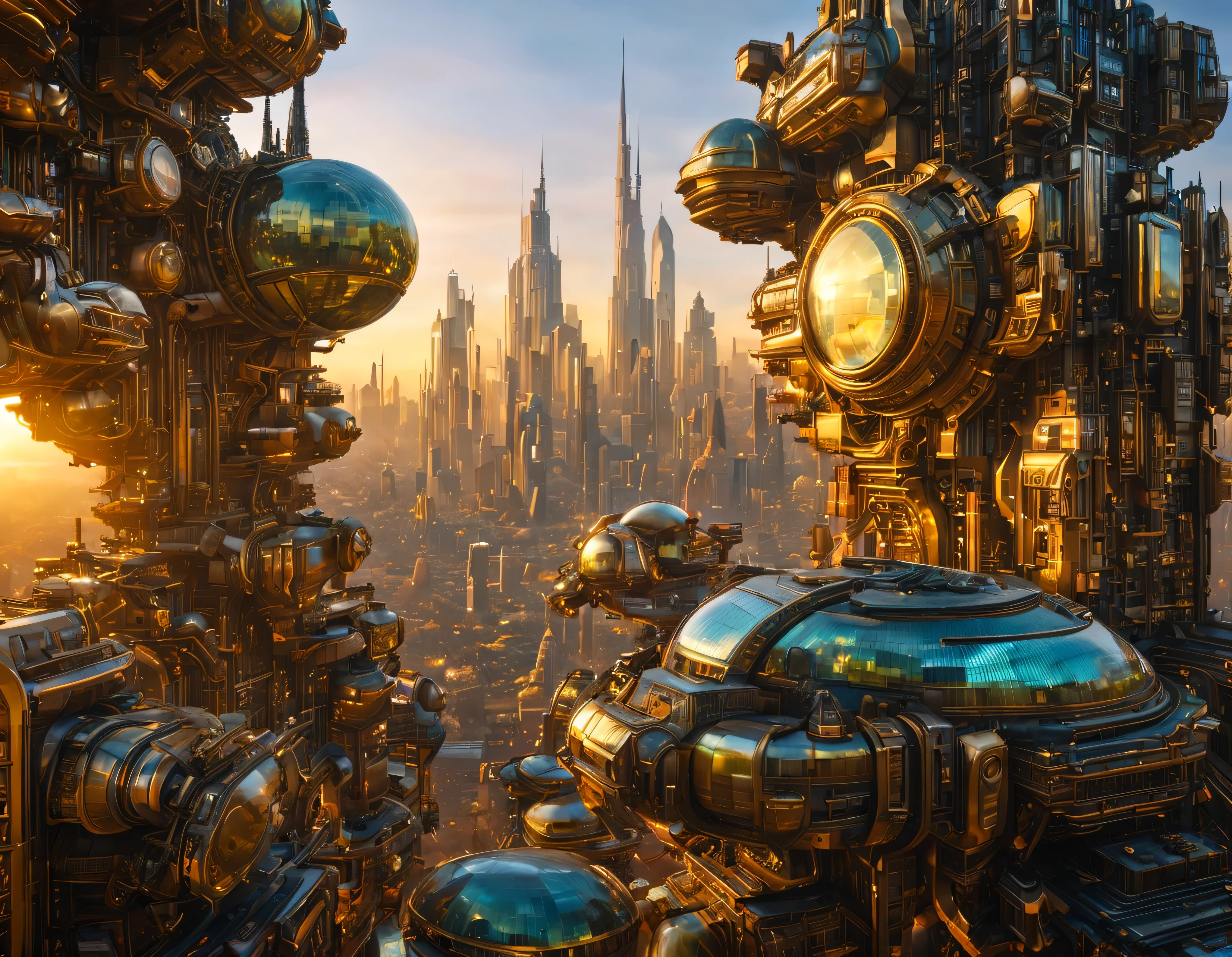 (golden hour lighting), megacity, megalopolis of an imaginary world of science fiction , parecido a una disneylandia futurista, and maximum fantasy, con inmensos edificios y rascacielos ovalados y dodecaedricos agrupados de metal y cristal donde predomina la plata y los anuncios luminosos de colores. imagen bien definida 8k, (intrincados detalles de la maquina), con muchos edificios juntos.(obra maestra de superior calidad).(imagen fotorrealista), nitidez absoluta hasta el fondo