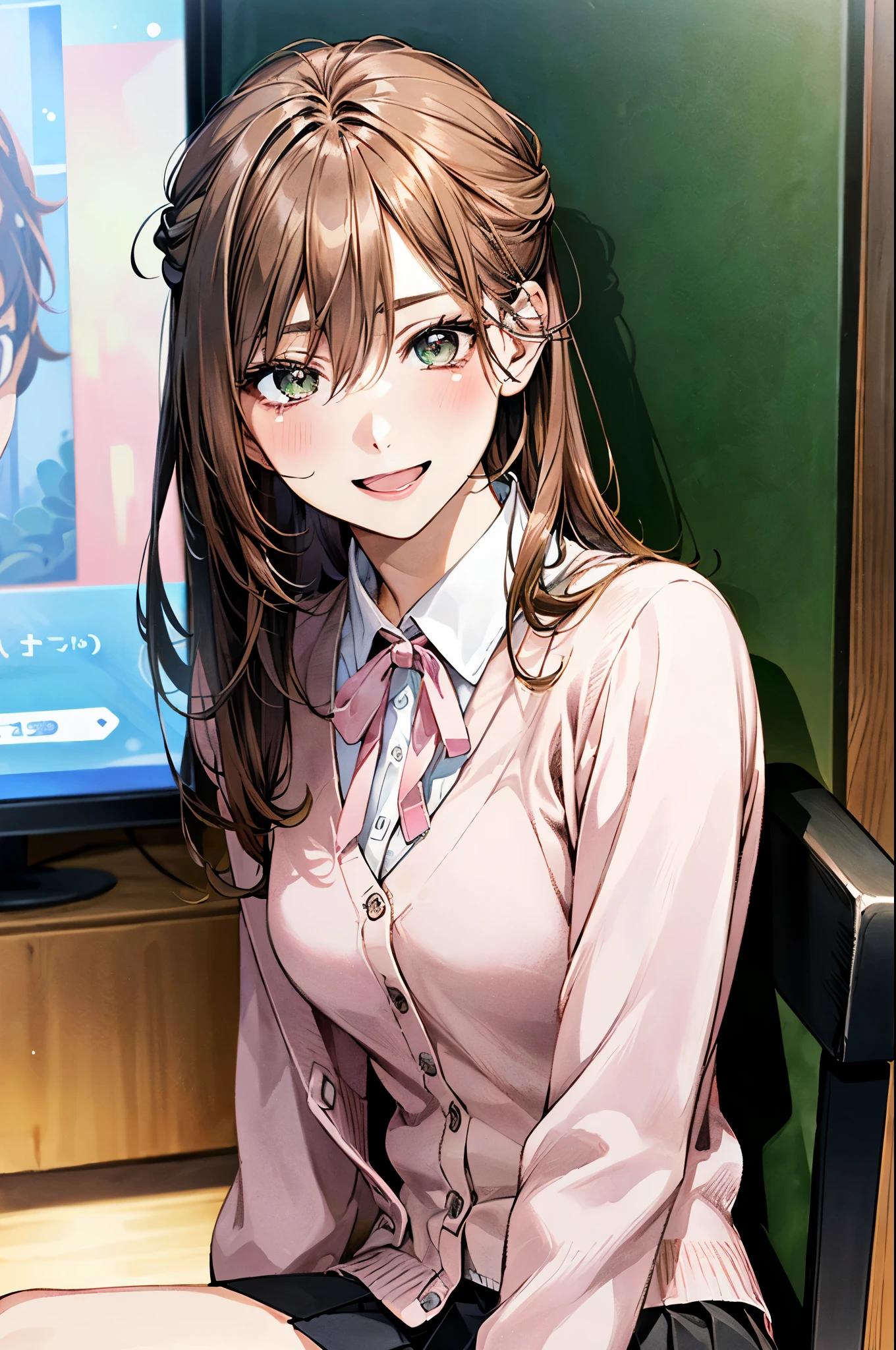 (masterpiece:1.3, top-quality:1.3, ultra high res, ultra detailed), (realistic, photorealistic:1.4), beautiful illustration, (natural side lighting, movie lighting), 
looking at viewer, (face focus, upper body), 1 girl, japanese, high school dirl, perfect face, (perfect anatomy), cute and symmetrical face, , shiny skin, slender
(middle hair:1.5, straight hair, (topknot), loose hair, orange brown hair), hair between eyes, dark green eyes, drooping eyes, big eyes, long eye lasher, (medium breasts), 
beautiful hair, beautiful face, beautiful detailed eyes, beautiful clavicle, beautiful body, beautiful chest, beautiful thigh, beautiful legs, 
((detailed cloth texture, long sleeve light pink cardigan, white collared shirt, grey pleated mini skirt, dark pink neck ribbon), ), , 
(beautiful scenery), evening, (karaoke room, karaoke machine), sitting sofa, claw pose, (smirk, open mouth), 