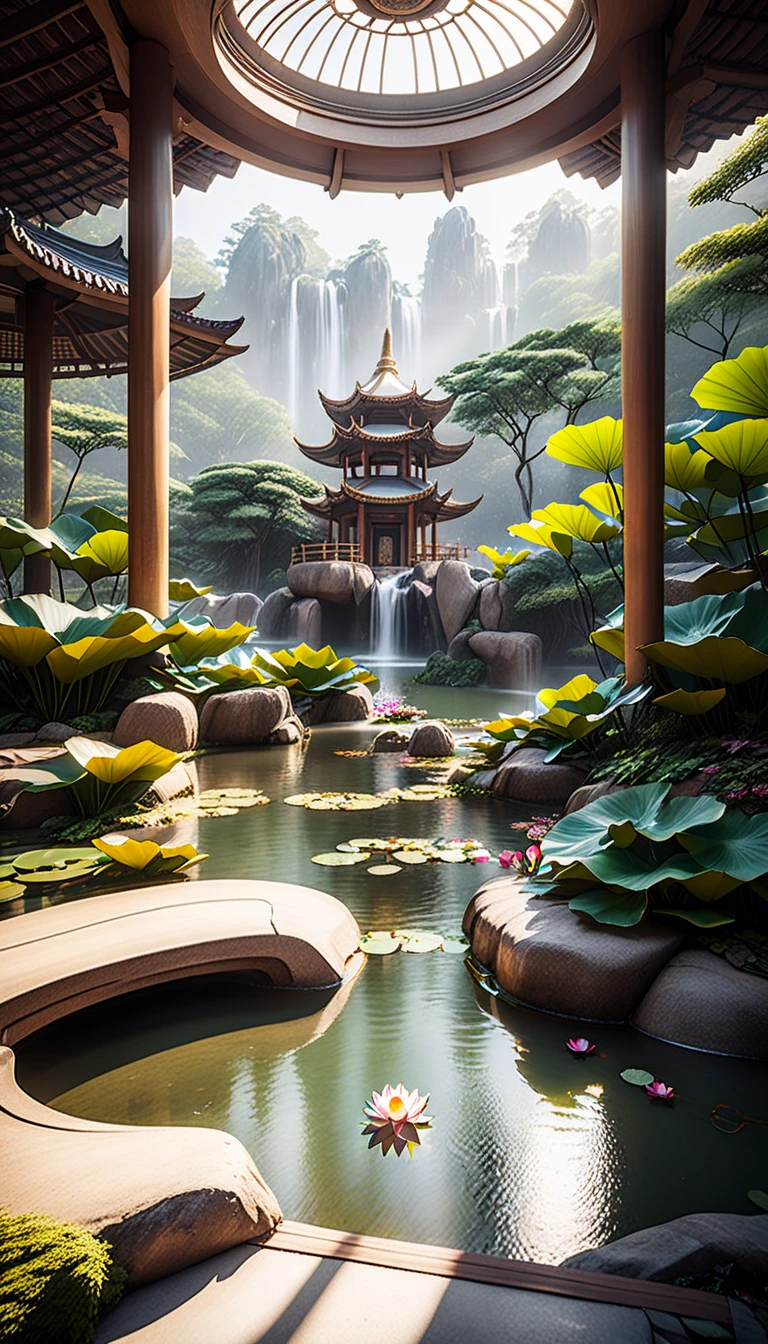 Close-up waterfall.Utopia&#39;s modern architecture and Zen-like landscaping.Lotus blooming in the pond, The magnificent Feiquan Waterfall pours down，Crystal clear pond,rock.Landscaping soft sunlight shines through the dome, Create a comfortable atmosphere, Ray tracing, Vignetting, Wide-angle lens, super wide angle, best qualitycinematic lighting, depth of field, outside border, negative space, letterboxed zen aesthetic, Zen, Zen meditation, Soft Zen Simplicity,(best quality,4k,8k,high resolution,masterpiece:1.2),Super detailed,(actual,photoactual,photo-actual:1.37),anatomically correct...