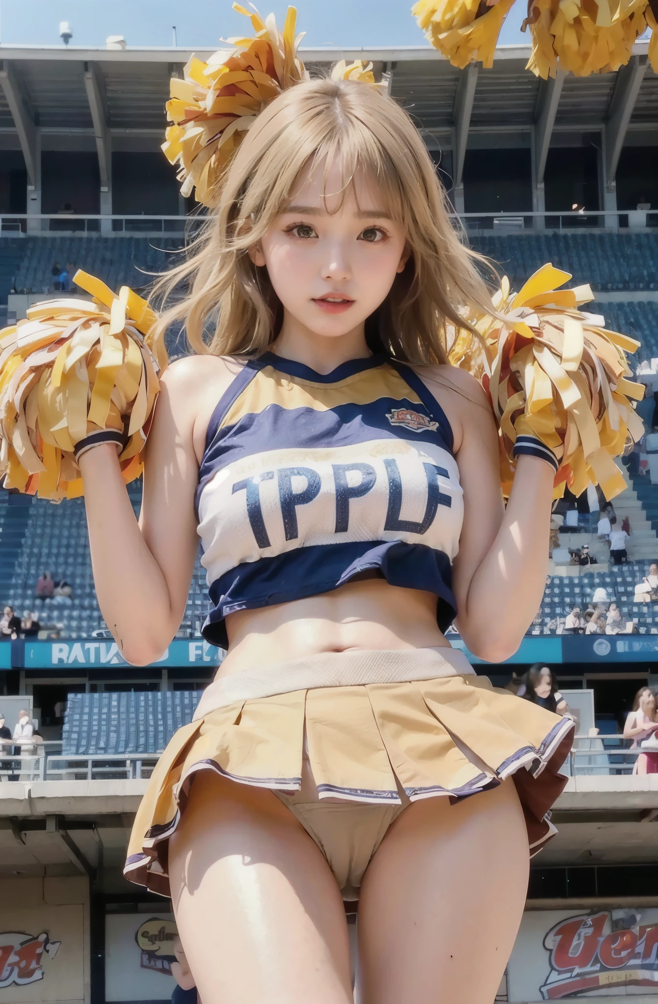(((show panties)))NSFW,((Cheerleader:1.3)),(highest quality,4k,8k,High resolution,masterpiece:1.2),1 beautiful woman,18-year-old,35mm lens,f/1,from below,realistic chest,(((seductive pose))),soft sunlight,bright colors,playful expression,(((blonde hair:1.3))),(((brown skin:1.3)))