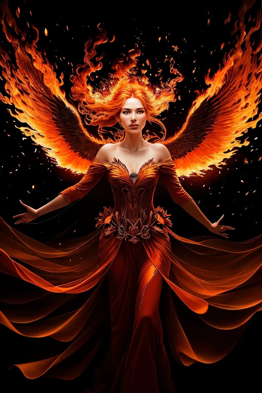 Using a Canon EOS 5D Mark IV and Canon EF 85mm f/1.2L II USM, I set the ISO to 100, aperture to f/1.2, and shutter speed to 1/100. I captured an image of a flaming woman with wings in a realistic and stylized style. The woman's deep orange and red hues were exaggerated, creating a warm core that filled the 2:3 aspect ratio. The flames around her were intricately detailed, each one captured with precision and depth using the high-quality equipment. The woman's gestures were also exaggerated, adding to the dramatic effect