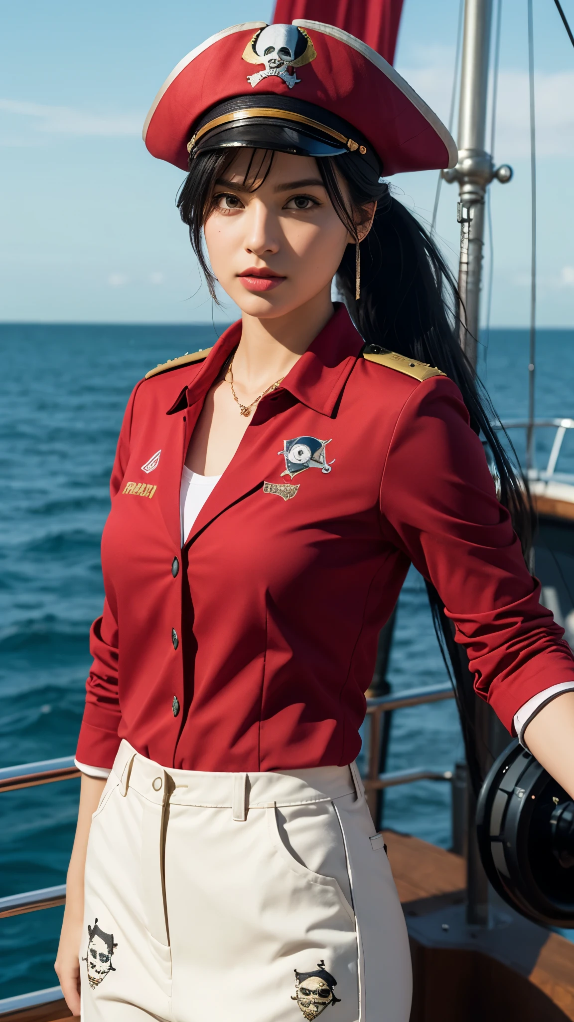 (Ultra-detailed eyes), (((textile shading))), (((Best Quality))), (((masterpiece))) sassy girl, (((realistic))), 1 girl, solo, black hair, red black hair, black hair, black hair, unusual hairstyles choices, ((ponytail emo hair with bangs, gorgeous hair)), Pink eyes, (((pirates Outfits))), ((pirate pose)), (((Game CG)) (gorgeous, sassy, it girl), fancy jewelry, on deck of ship, strong night ocean atmosphere, strong pirates atmosphere, cowboy shot, midshot, front look, centered image, eye on camera, dark red captain uniform, pirates hat, ship captain outfit, , pirates color, unusual fashion choices