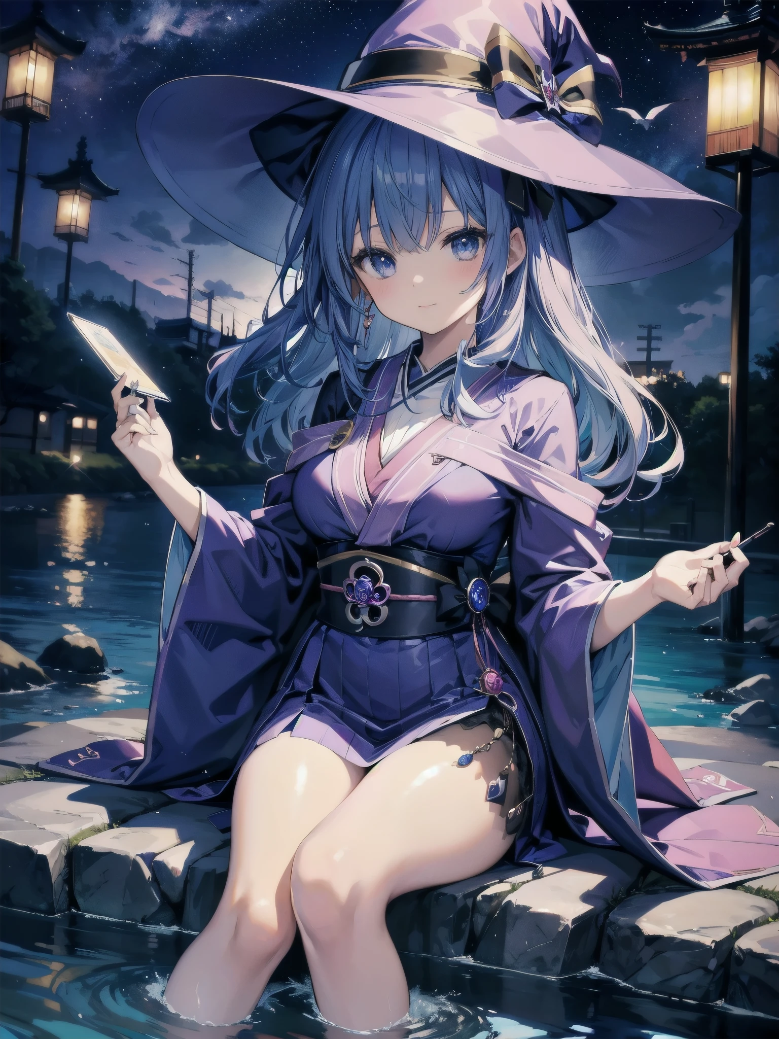 magician girl、She wears a large witch's hat with sapphire accessories、wearing high school uniform、Japan anime-style illustration、Drawn by a Japanese illustrator、Bank of the river in Tokyo late at night
