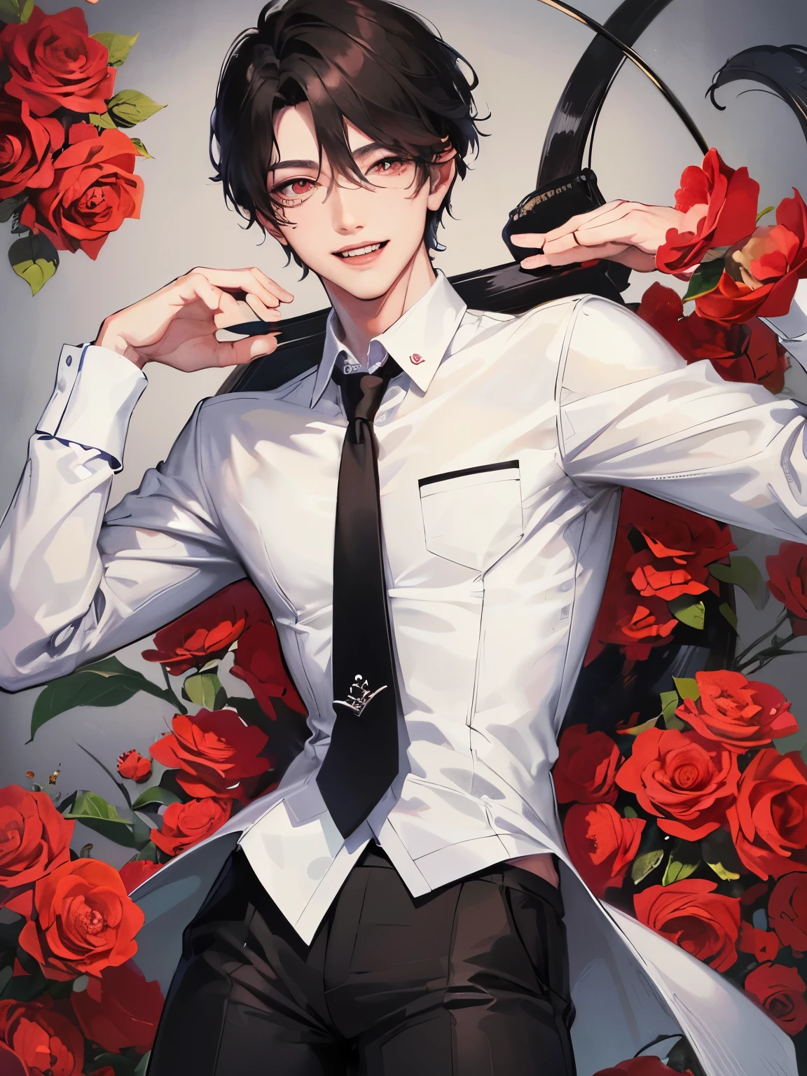 a handsome guy、one man、Red-eyed black hair、slanted eyes、poor eyesight、detailed face、Center section、double teeth、short hair man、a handsome guy、grin and laugh、mole、Simple white shirt