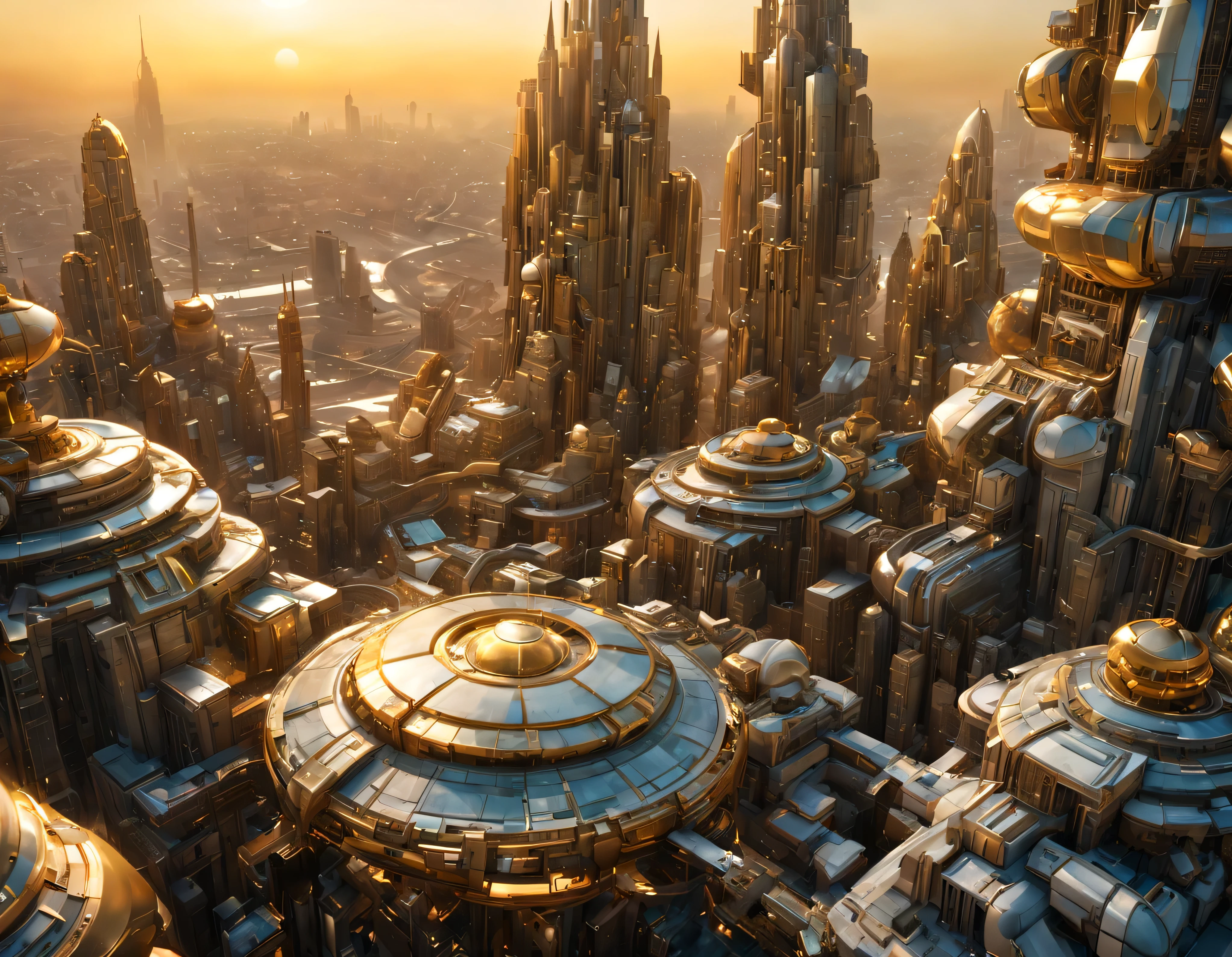 (golden hour lighting), megacity, megalopolis of an imaginary world of science fiction , parecido a una disneylandia futurista, and maximum fantasy, con inmensos edificios y rascacielos ovalados y dodecaedricos agrupados de metal y cristal donde predomina la plata, el marmol calacatta gold y los anuncios luminosos de colores. imagen bien definida 8k, (intrincados detalles de la maquina), con muchos edificios juntos.(obra maestra de superior calidad).(imagen fotorrealista), nitidez absoluta hasta el fondo
