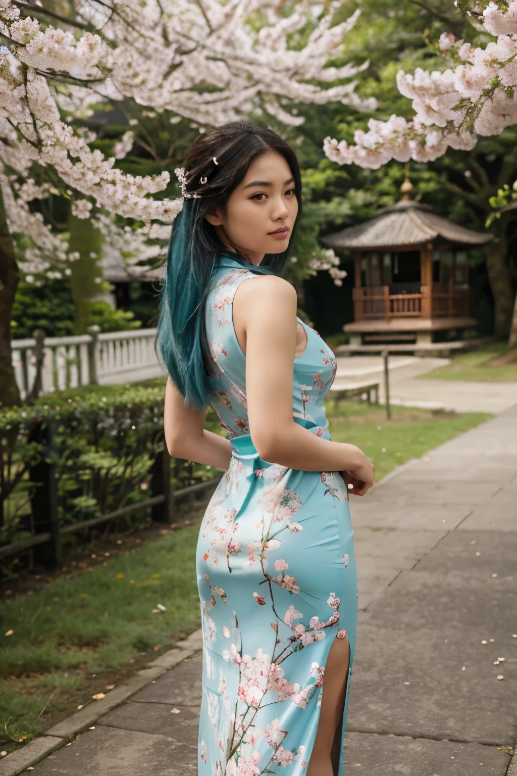 (best quality,4k,highres,masterpiece:1.2),ultra-detailed,photorealistic:1.37,cinematic photo,asian women,beautifully fit body,aqua hair blowing in the wind,cherry blossom trees,35mm photograph,film,bokeh,professional,highly detailed, seeing the womin from behind, mysterious, with a long asian dress, full body on camera, 