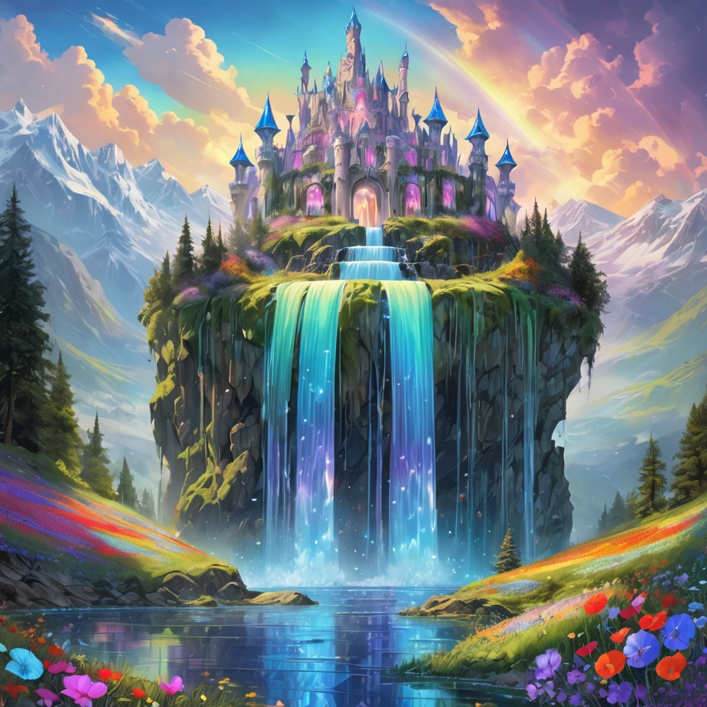 Waterfall, aesthetic, Gorgeous hyper-detailed Waterfall and Mountains with wildflower forest Castle - masterpiece creation by Amanda Sage, Pino Daeni, Wadim Kashin, Eldritch, photorealism, precisionism, hyperdetailed, beautiful, mysterious, hyperrealism, beautiful floating crystals, reflective rainbow colors, surrealism, incredibly detailed, iridescence, mystery, original, unusual, magical wisps