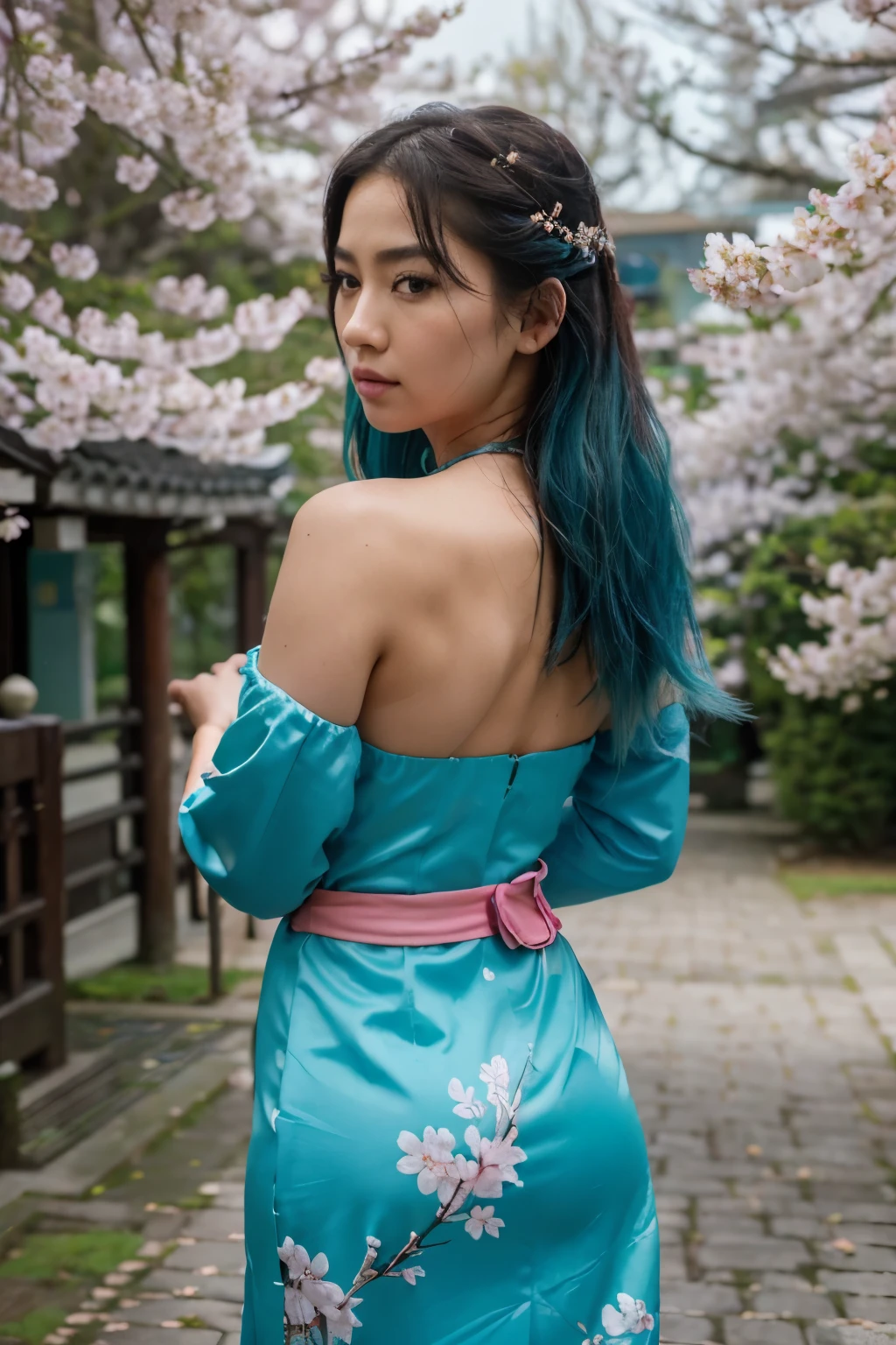 (best quality,4k,highres,masterpiece:1.2),ultra-detailed,photorealistic:1.37,cinematic photo,asian women,beautifully fit body,aqua hair blowing in the wind,cherry blossom trees,35mm photograph,film,bokeh,professional,highly detailed, seeing the womin from behind, mysterious, with a long asian dress
