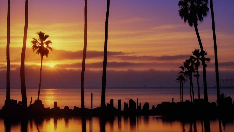 arafed view of a city skyline with palm trees in the foreground, long beach background, palm trees james gurney, southern california, los angeles ca, los angeles, beautiful image, nice sunset, city sunset, summer sunset, los angelos, beautiful, violet and yellow sunset, paradise in the background, by derek zabrocki, pink golden hour