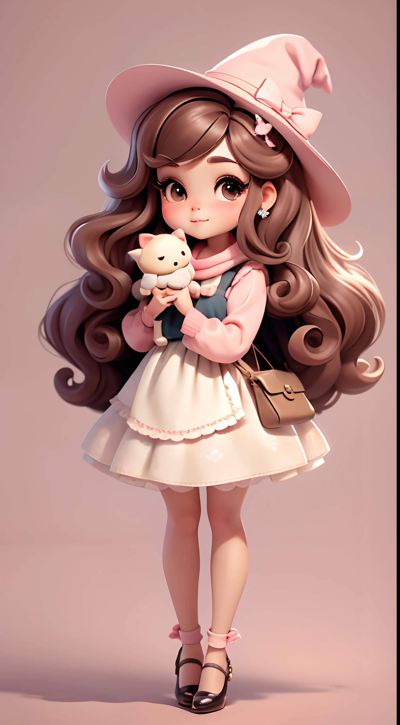 Create a chibi-style doll outfit with an adorable retro-chic theme., Each piece features a wealth of detail and 8K resolution.. All dolls should follow the same complete and stable background pattern in the picture., exhibit (fill the whole body, including legs: 1.5)

Witch&#39;s Apprentice Doll: Call her Mia.. She must have medium wavy brown hair.. Your eyes should be big and curious., It has long eyelashes and slightly pink cheeks.. 米娅应该穿精致的clothing，Exquisite and beautiful polka dot bow shirt.. She should be holding delicate and flimsy jewelry.. Add a bag to an apron、Scarves and other details，Make your apron more charming., Cute shoes don’t forget to add shadows., Hair texture and details, clothing, beautiful appliances, Make them more cute and charming..