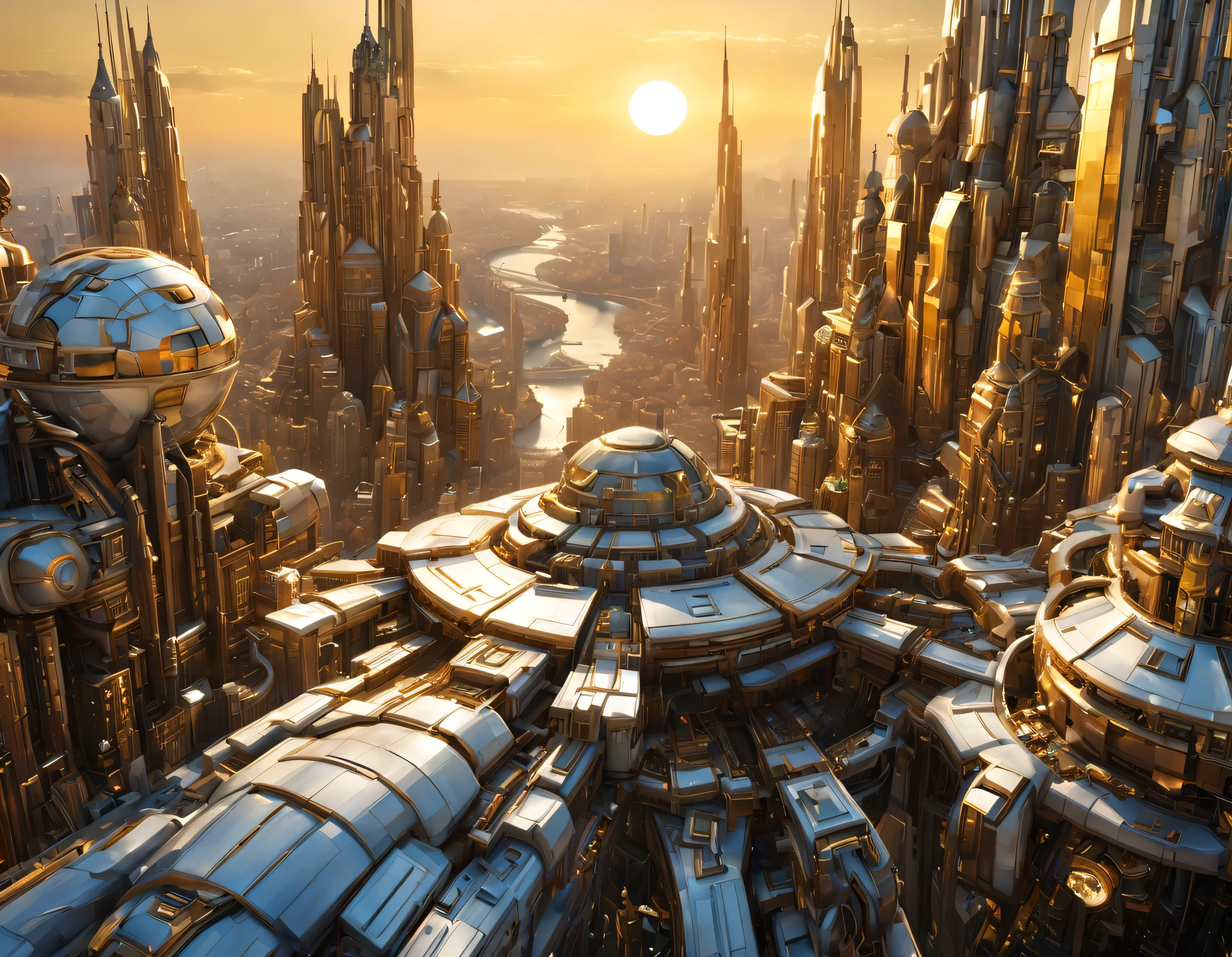 (golden hour lighting), megacity, megalopolis of an imaginary world of science fiction , parecido a una disneylandia futurista, and maximum fantasy, con inmensos edificios y rascacielos ovalados y dodecaedricos agrupados de metal y cristal donde predomina la plata, el marmol calacatta gold y los anuncios luminosos de colores. imagen bien definida 8k, (intrincados detalles de la maquina), con muchos edificios juntos.(obra maestra de superior calidad).(imagen fotorrealista), nitidez absoluta hasta el fondo