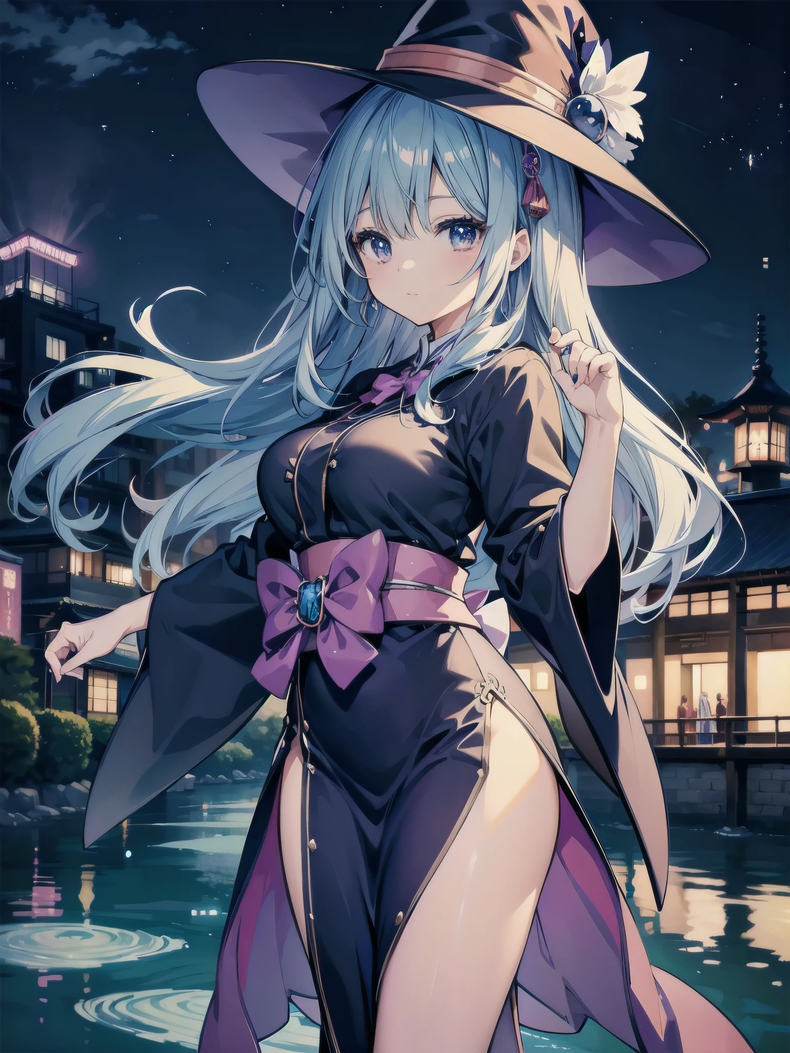 magician girl、She wears a large witch&#39;s hat with sapphire accessories、wearing high school uniform、Japan anime-style illustration、Drawn by a Japanese illustrator、Bank of the river in Tokyo late at night