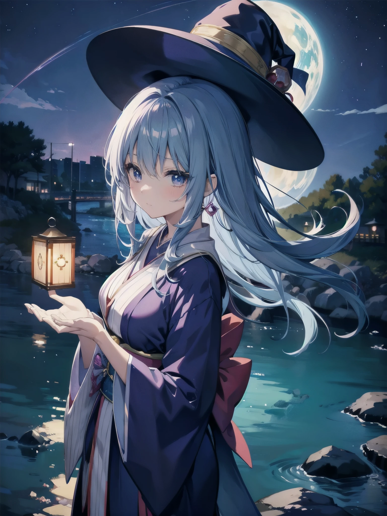 全nakedの魔法使いの女の子、She wears a large witch's hat with sapphire accessories、naked、all nude、R18 illustration、erotic manga、Japan anime-style illustration、Drawn by a Japanese illustrator、Bank of the river in Tokyo late at night