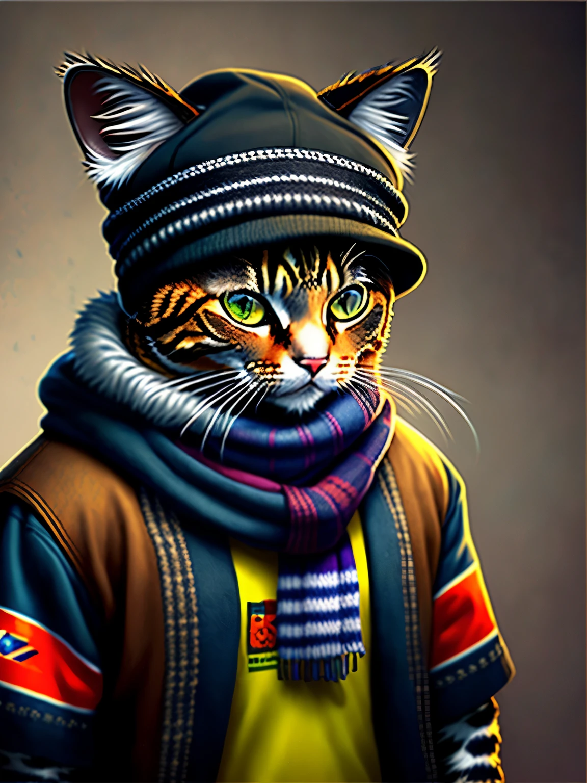 picture of a cat in a hat and scarf, art station trend, dressed in punk clothes, hyper realistic detailed rendering, british gang member, urban style, intimidating pose, planet of cats, fashion clothes, urban samurai, meow, west slavic traits, 8 1 5