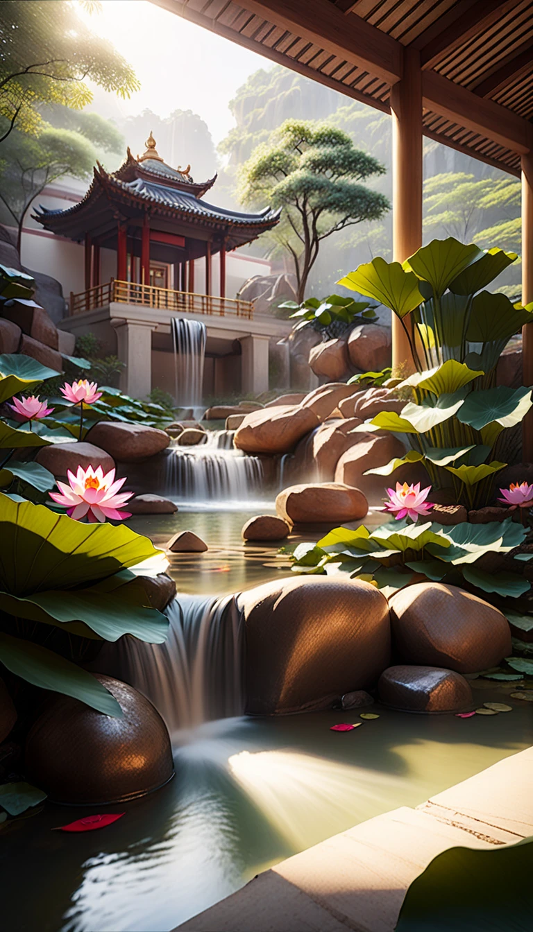 Close-up waterfall.Utopia&#39;s modern architecture and Zen-like landscaping.Lotus blooming in the pond, The magnificent Feiquan Waterfall pours down，Crystal clear pond,rock.Landscaping soft sunlight shines through the dome, Create a comfortable atmosphere, Ray tracing, Vignetting, Wide-angle lens, super wide angle, best qualitycinematic lighting, depth of field, outside border, negative space, letterboxed zen aesthetic, Zen, Zen meditation, Soft Zen Simplicity,(best quality,4k,8k,high resolution,masterpiece:1.2),Super detailed,(actual,photoactual,photo-actual:1.37),anatomically correct...