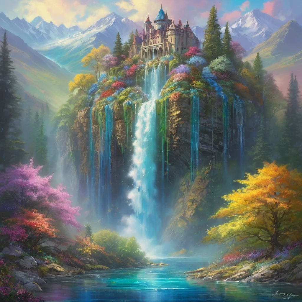 Waterfall, aesthetic, Gorgeous hyper-detailed Waterfall and Mountains with wildflower forest Castle - masterpiece creation by Amanda Sage, Pino Daeni, Wadim Kashin, Eldritch, photorealism, precisionism, hyperdetailed, beautiful, mysterious, hyperrealism, beautiful floating crystals, reflective rainbow colors, surrealism, incredibly detailed, iridescence, mystery, original, unusual, magical wisps