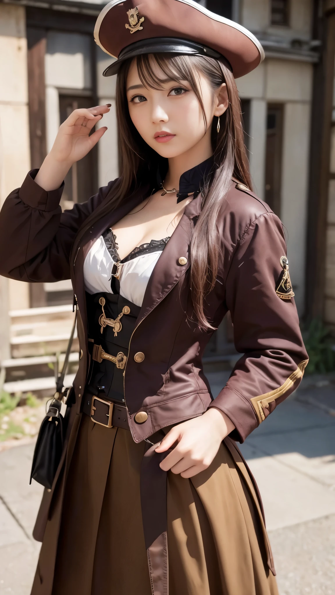 (realism、Photoreal、realistic)、masterpiece、highest quality、high resolution、High resolution、Steampunk costumes、steampunk skirt、pirate、Japanese、soldier、 