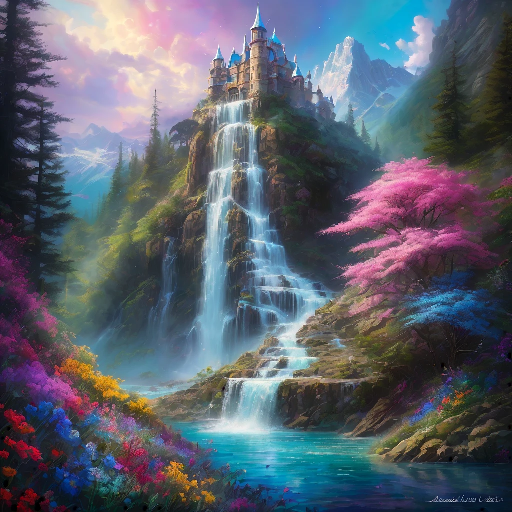 Waterfall, aesthetic, Gorgeous hyper-detailed Waterfall and Mountains with wildflower forest Castle - masterpiece creation by Amanda Sage, Pino Daeni, Wadim Kashin, Eldritch, photorealism, precisionism, hyperdetailed, beautiful, mysterious, hyperrealism, beautiful floating crystals, reflective rainbow colors, surrealism, incredibly detailed, iridescence, mystery, original, unusual, magical wisps