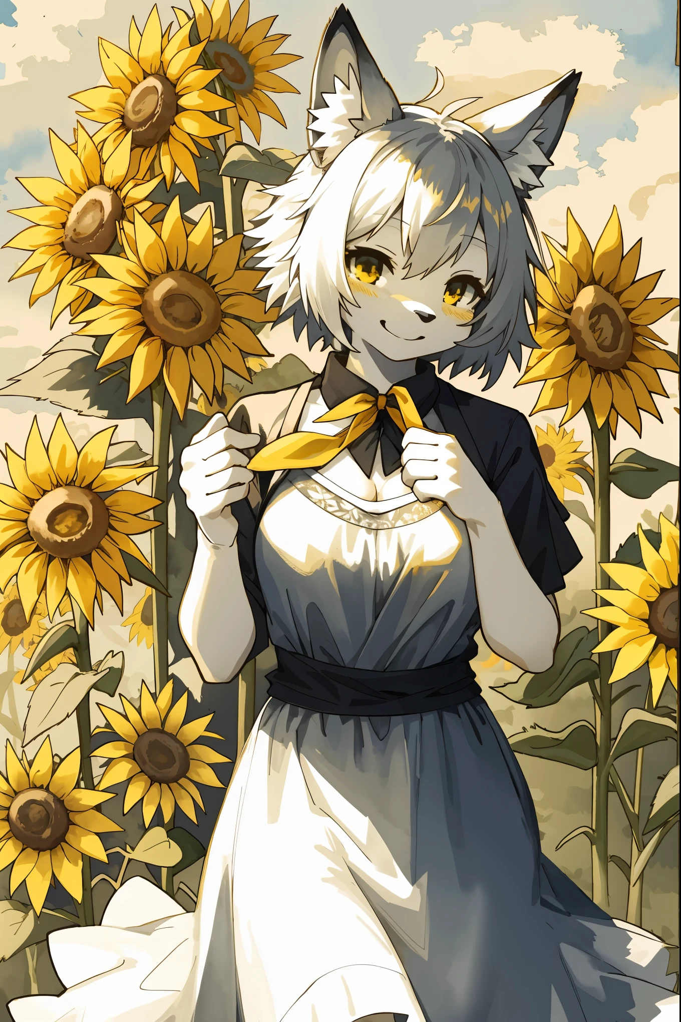 monochrome, watercolor, highres, top quality, best quality, paid reward available, High-quality illustrations, unparalleled masterpiece, perfect artwork, absurdres, 1girl, kemono, furry, detailed body fur, animal face, animal hand, Archaic Smile, holding a cluster of yellow sunflower in both hands, which are positioned at chest level, She is wearing a simple ring on the ring finger of her left hand, unfocused spread of yellow sunflower, fan-created work shared on platforms Pixiv or Twitter,