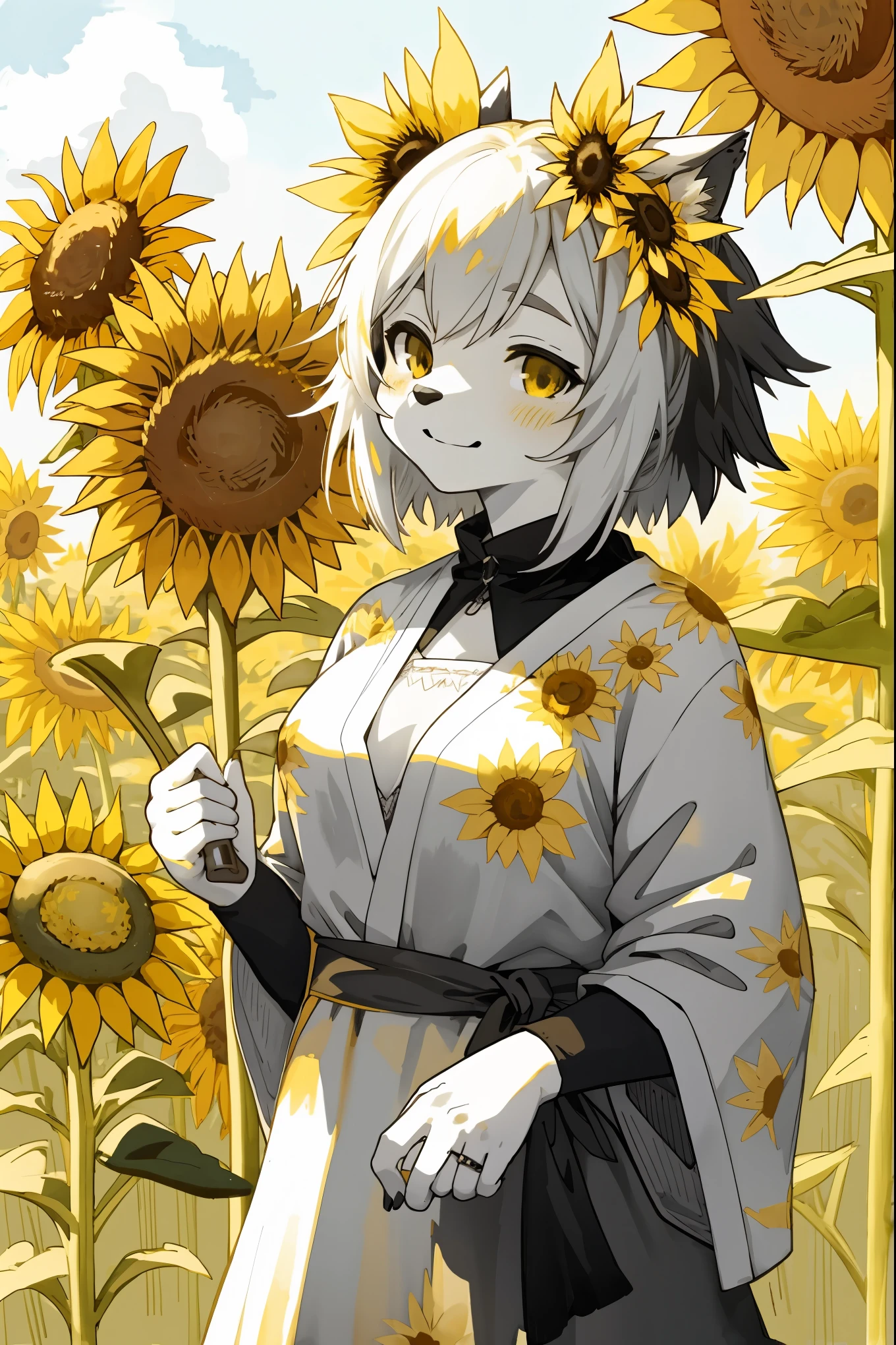 monochrome, watercolor, highres, top quality, best quality, paid reward available, High-quality illustrations, unparalleled masterpiece, perfect artwork, absurdres, 1girl, kemono, furry, detailed body fur, animal face, animal hand, Archaic Smile, holding a cluster of yellow sunflower in both hands, which are positioned at chest level, She is wearing a simple ring on the ring finger of her left hand, unfocused spread of yellow sunflower, fan-created work shared on platforms Pixiv or Twitter,