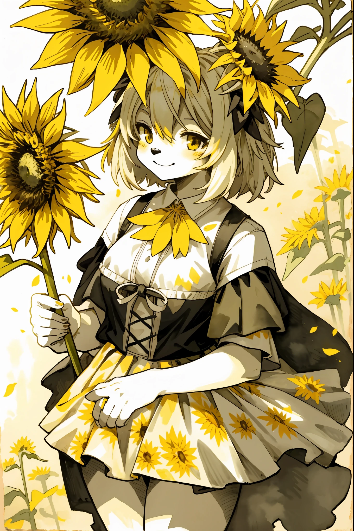 monochrome, watercolor, highres, top quality, best quality, paid reward available, High-quality illustrations, unparalleled masterpiece, perfect artwork, absurdres, 1girl, kemono, furry, detailed body fur, animal face, animal hand, Archaic Smile, holding a cluster of yellow sunflower in both hands, which are positioned at chest level, She is wearing a simple ring on the ring finger of her left hand, unfocused spread of yellow sunflower, fan-created work shared on platforms Pixiv or Twitter,