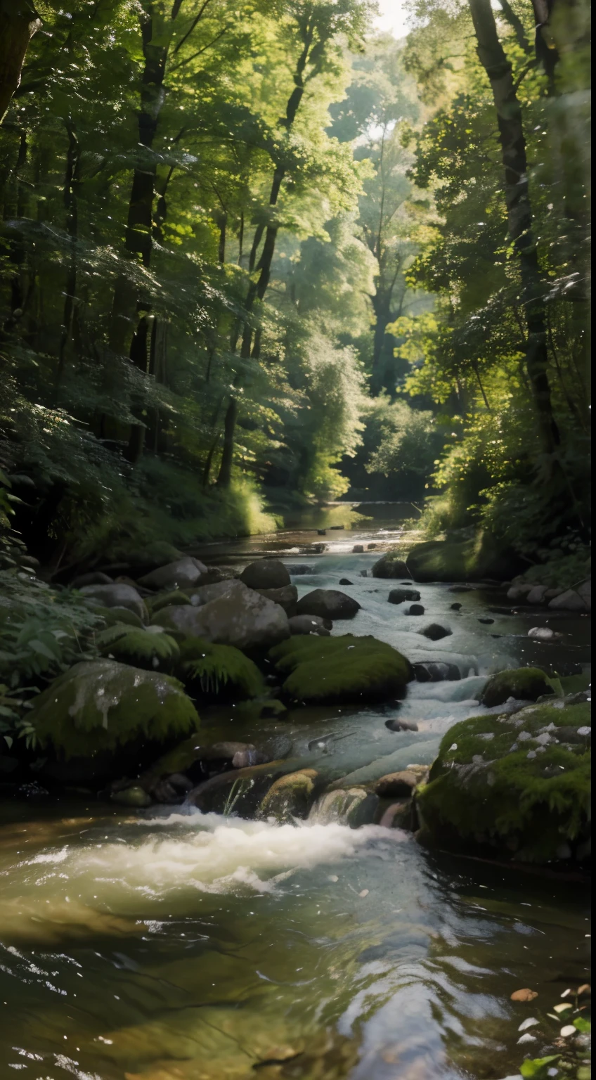 (best quality,4k,8k,highres,masterpiece:1.2),ultra-detailed,(realistic,photorealistic,photo-realistic:1.37),portrait,landscape,peaceful morning light,green lush trees,slowly flowing river,serene atmosphere,quiet forest scene,vertical video