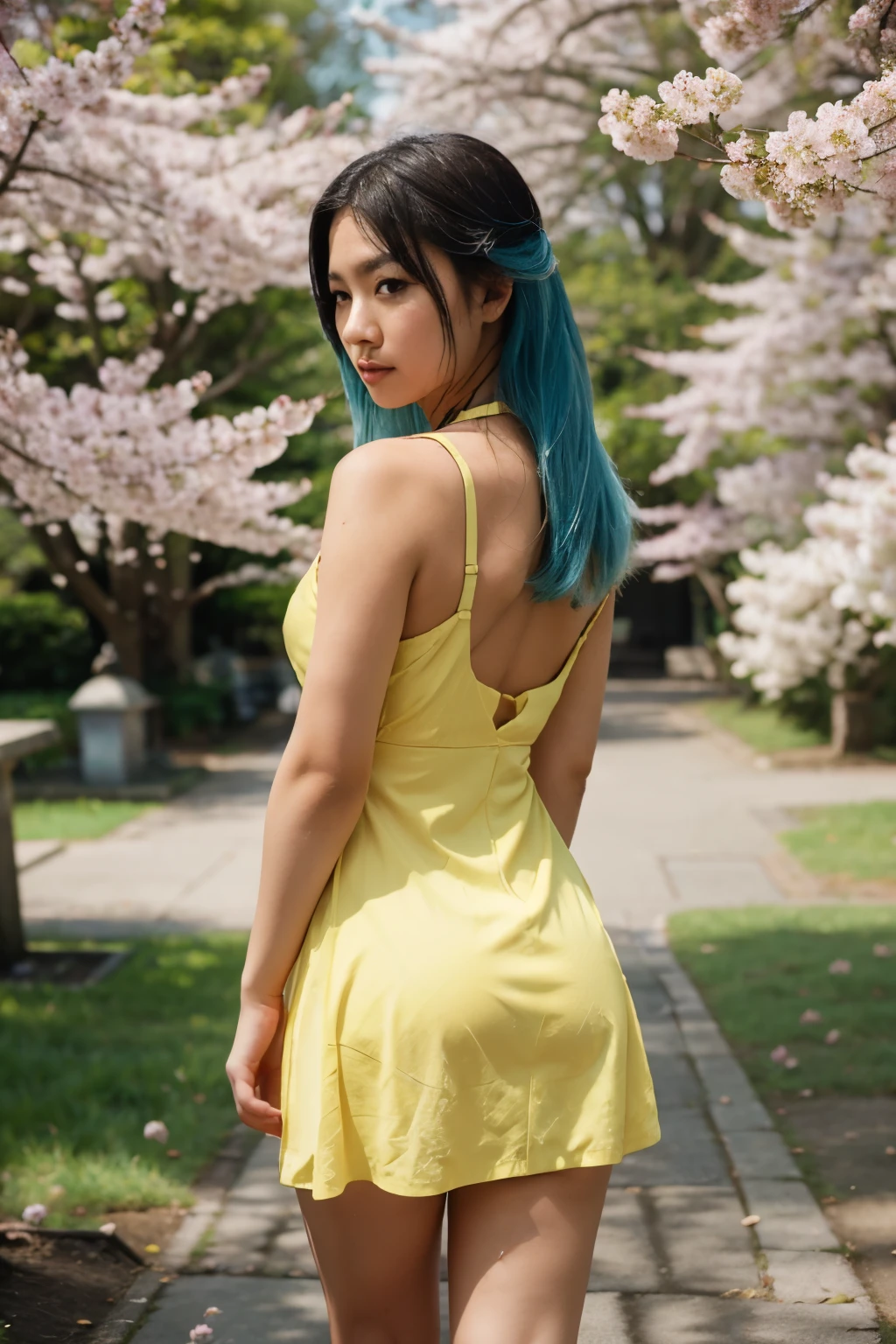 cinematic photo asian women wearing yellow dress, full body, view from behind, looking away, beautifully fit body, aqua hair, perfect eyes, cherry blossom trees all around. 35mm photograph, film, bokeh, professional, 4k, highly detailed