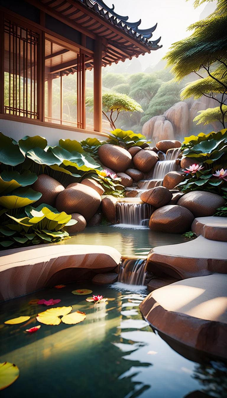 Close-up waterfall.Utopia's modern architecture and Zen-like landscaping.Lotus blooming in the pond, The magnificent Feiquan Waterfall pours down,Crystal clear pond,rock.Landscaping soft sunlight shines through the dome, Create a comfortable atmosphere, Ray tracing, Vignetting, Wide-angle lens, super wide angle, best qualitycinematic lighting, depth of field, outside border, negative space, letterboxed zen aesthetic, Zen, Zen meditation, Soft Zen Simplicity,(best quality,4k,8k,high resolution,masterpiece:1.2),Super detailed,(actual,photoactual,photo-actual:1.37),anatomically correct...