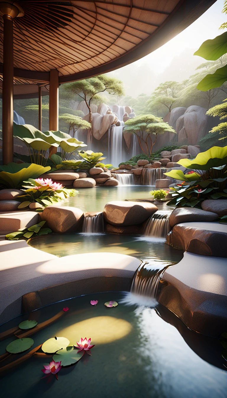 Close-up waterfall.Utopia&#39;s modern architecture and Zen-like landscaping.Lotus blooming in the pond, The magnificent Feiquan Waterfall pours down，Crystal clear pond,rock.Landscaping soft sunlight shines through the dome, Create a comfortable atmosphere, Ray tracing, Vignetting, Wide-angle lens, super wide angle, best qualitycinematic lighting, depth of field, outside border, negative space, letterboxed zen aesthetic, Zen, Zen meditation, Soft Zen Simplicity,(best quality,4k,8k,high resolution,masterpiece:1.2),Super detailed,(actual,photoactual,photo-actual:1.37),anatomically correct...