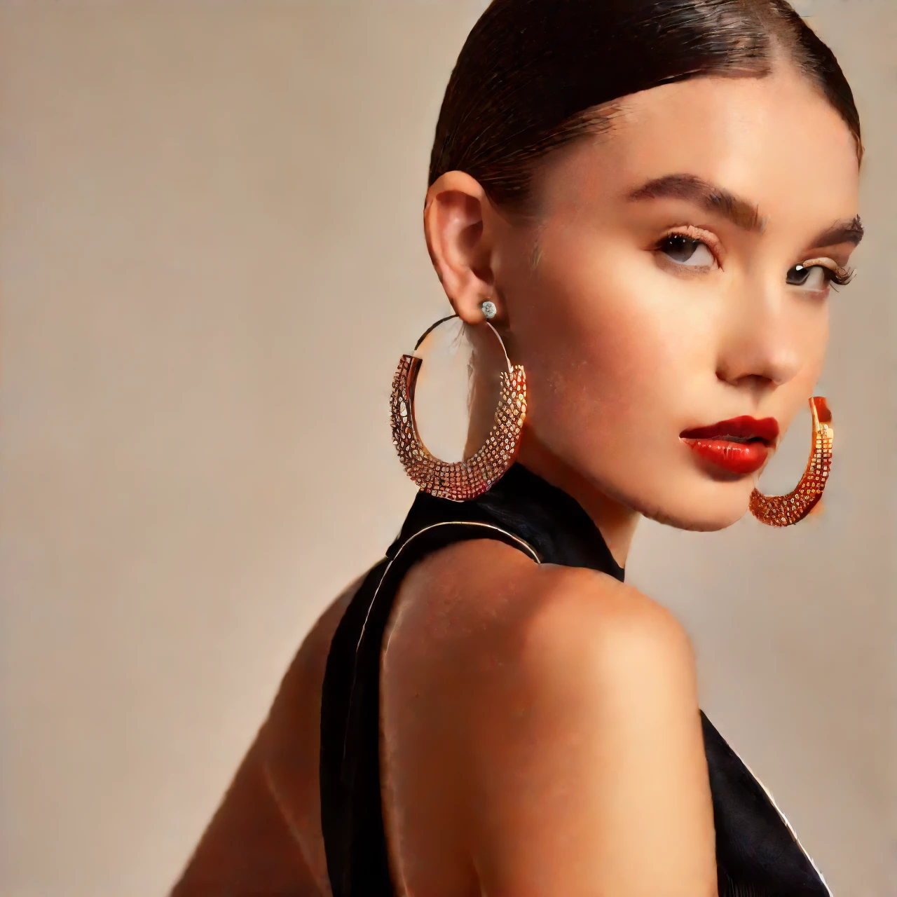 masterpiece, highest quality, alone, 1 girl, glowing skin, hoop earrings, glamorous, quirky details, slicked hair, fascinating, bare shoulders, crop top, long pants, shallow depth of field, Contrasting, Professional models, facing the front, portrait