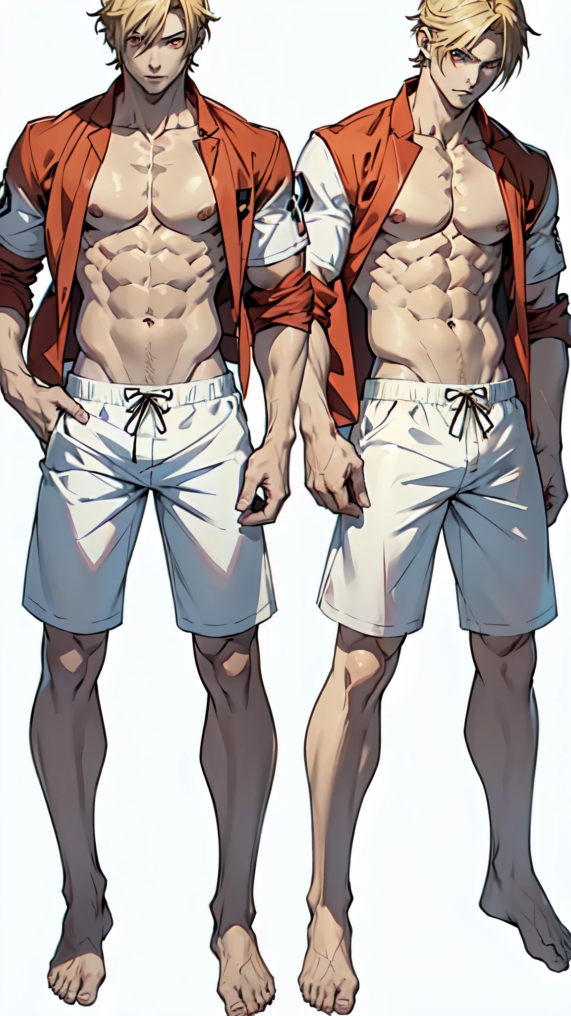 ((full body shot of an anime handsome shirtless young man in swimming trunks)), bare feet, shirtless, ((light blonde hair)), ((pale skin)), ((Leon Kennedy)), red eyes, anime character sheet, character concept, full body concept, single character full body, male protagonist 👀 :8, anime style character, anime character, ((empty white background))