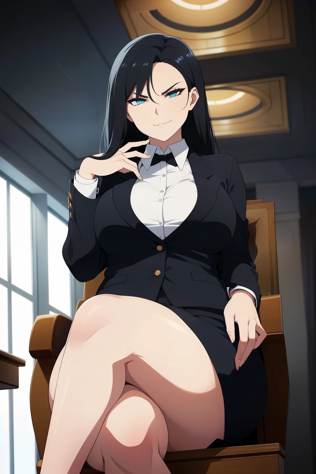 Woman in a business suit, black hair, curvy, busty, evil smirk, dominant stare, thick thighs, from below, sitting in a chair, sitcrossleg, looking at viewer, inside a room, hand extended toward viewer, viewer pov