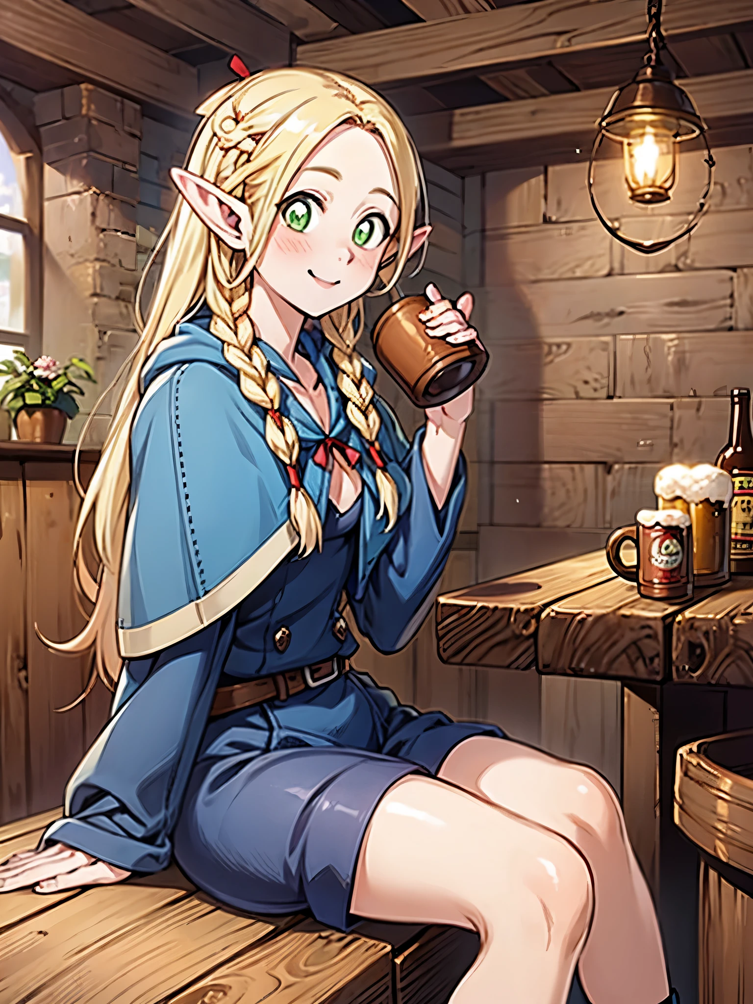 (((Marcille Donato))),(((perfect human body:1.3)))、(((one woman:1.3))),Long yellow hair with braids and ponytail、red ribbon、BREAK,(((robe、sandals))),BREAK,(((smile:1.3))),BREAK,(((cheeks are bright red:1.3)))、(((Sitting down at an adventurer&#39;s tavern, drinking beer from a wooden mug.:1.3))),(((food on wooden table)))